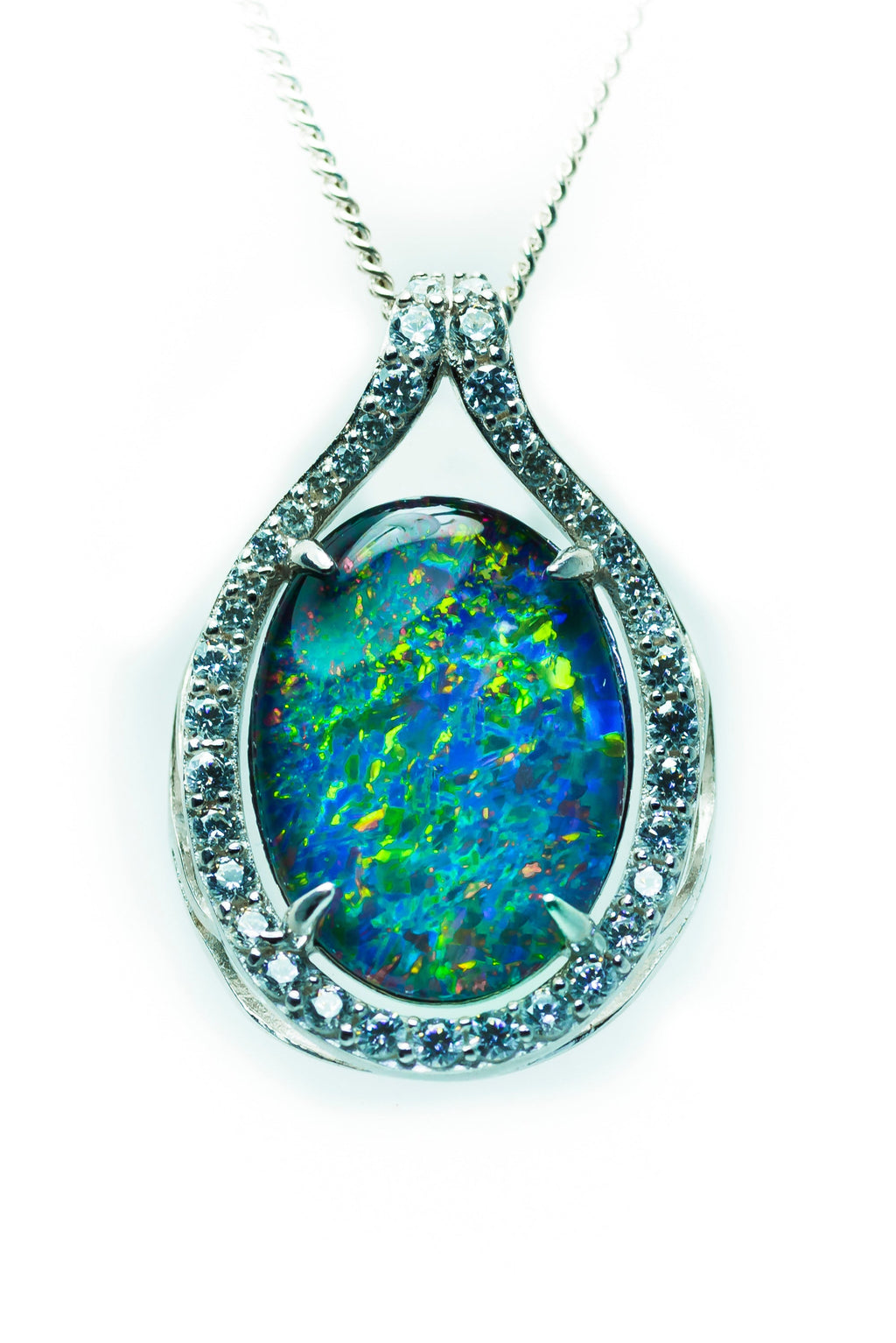 Large Australian Opal - Halo Cluster Green Blue Color Fire Opal Necklace - Opal Pendant in Sterling Silver White Gold Plating Finish