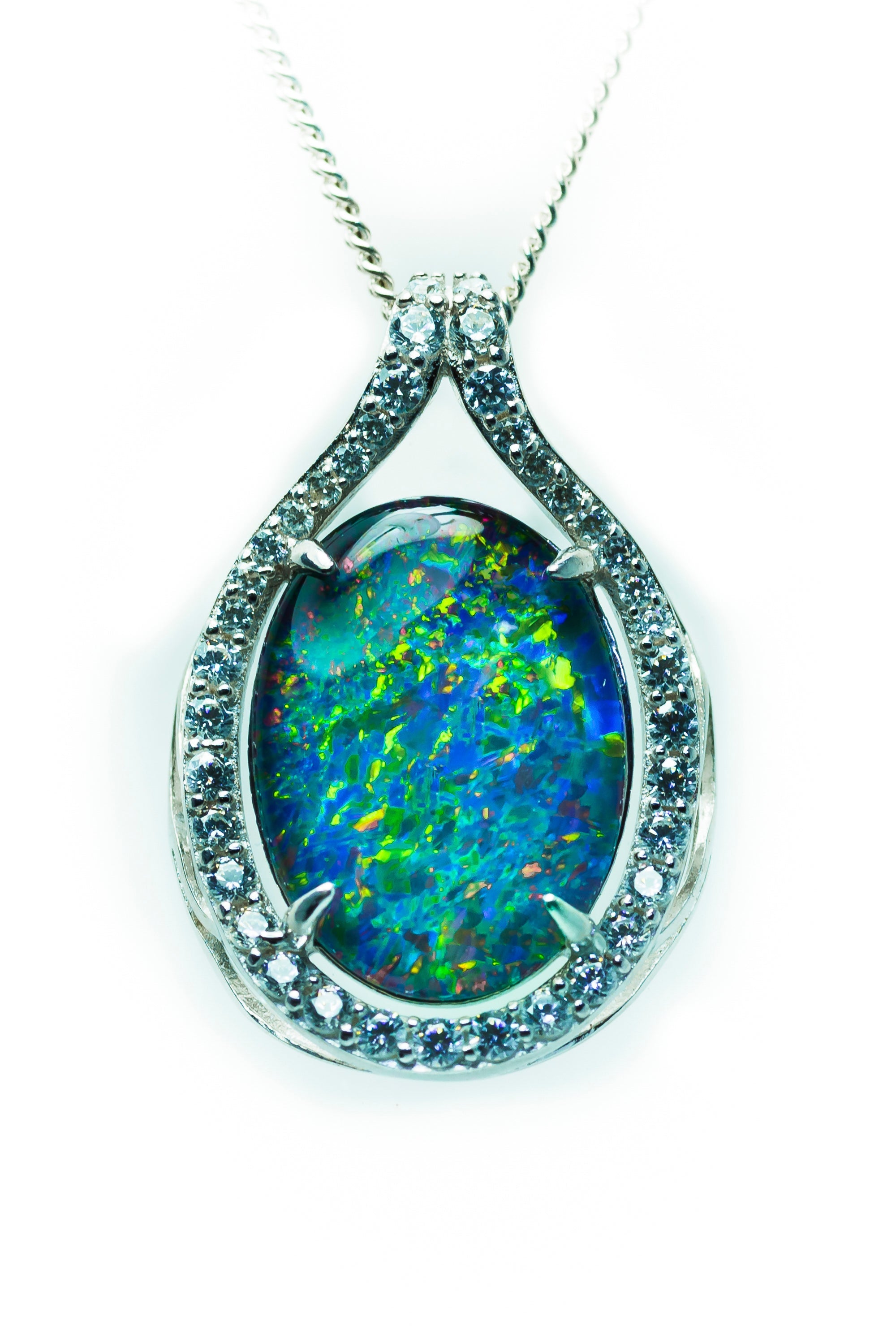 Large Australian Opal - Halo Cluster Green Blue Color Fire Opal Necklace - Opal Pendant in Sterling Silver White Gold Plating Finish