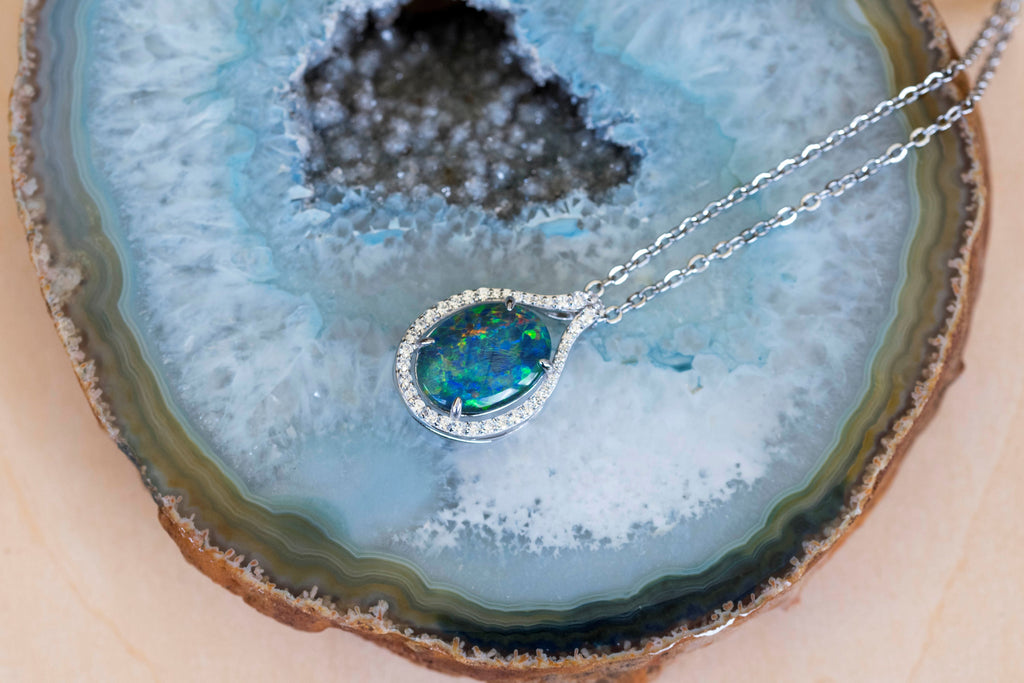 Large Australian Opal - Halo Cluster Green Blue Color Fire Opal Necklace - Opal Pendant in Sterling Silver White Gold Plating Finish