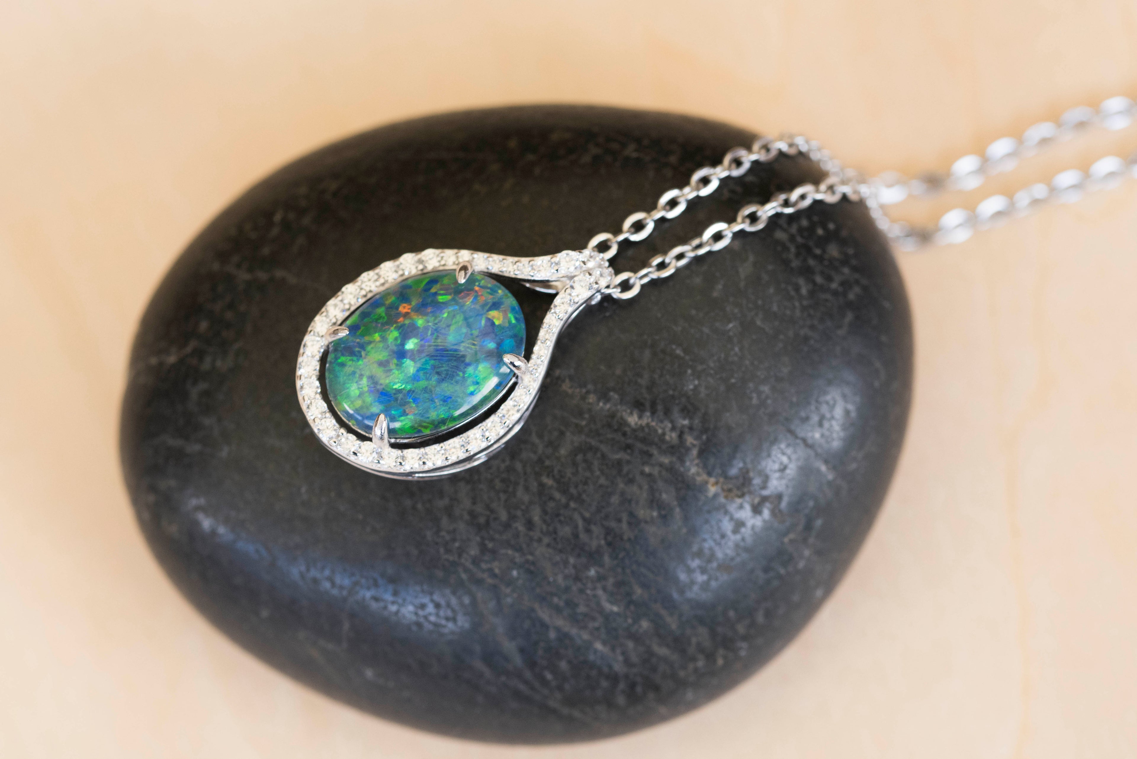 Large Australian Opal - Halo Cluster Green Blue Color Fire Opal Necklace - Opal Pendant in Sterling Silver White Gold Plating Finish