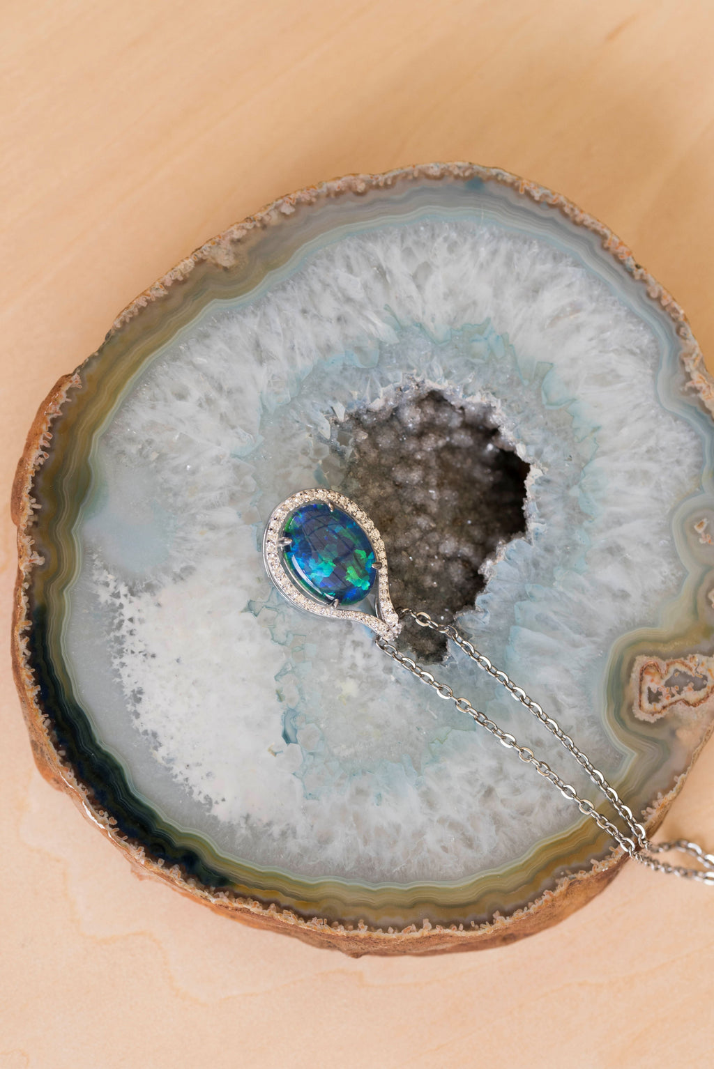 Large Australian Triplet Opal - Halo Cluster Deep Ocean Blue Fire Opal Necklace - Sterling Silver White Gold Plated