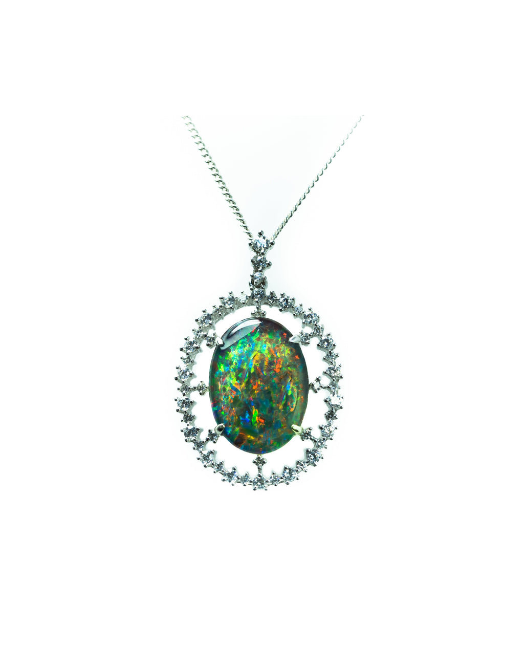 Large Australian Opal - Halo Cluster Multi Color Fire Opal Necklace - Genuine Australian Triplet Opal Necklace Pendant in Sterling Silver White Gold Plated