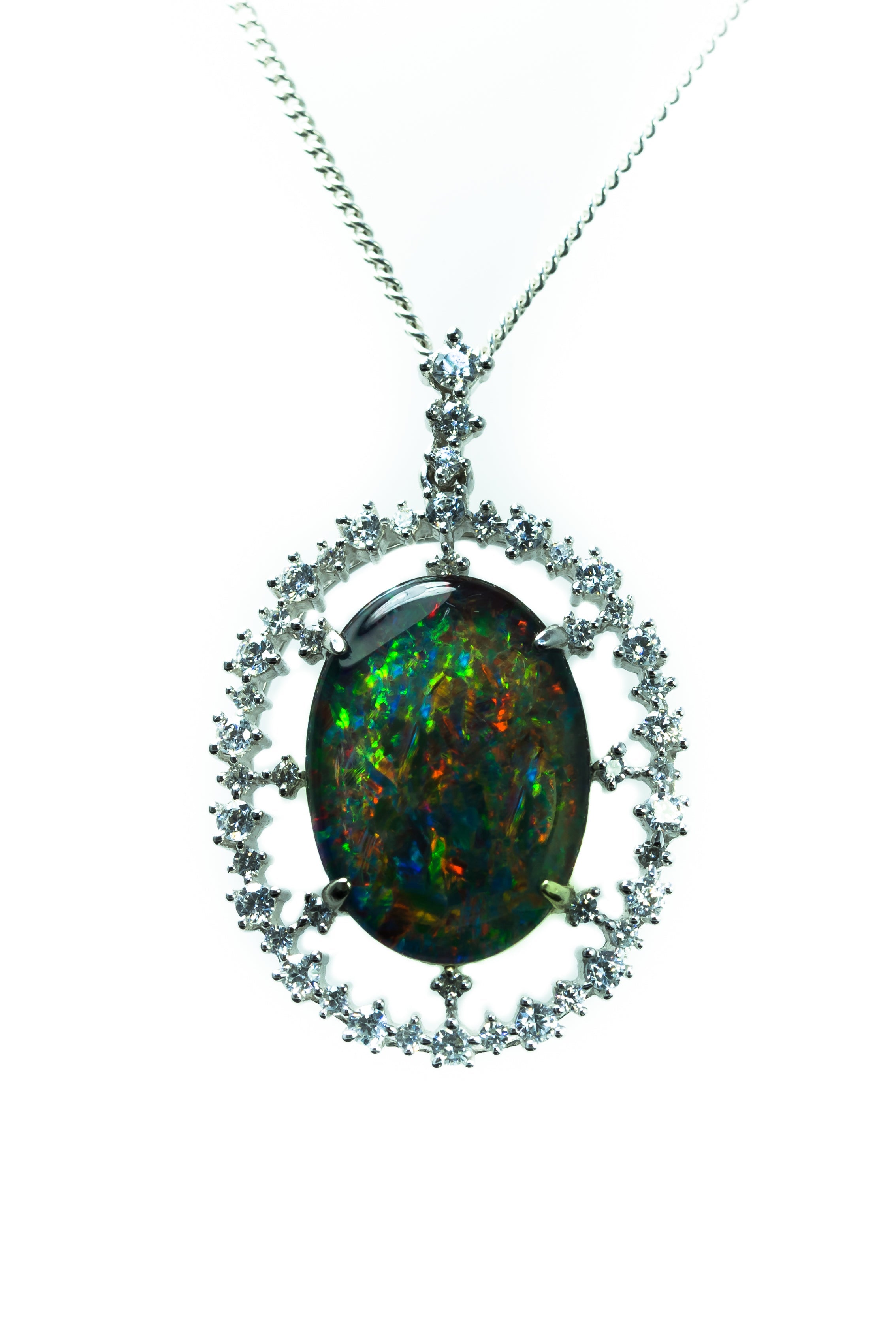 Large Australian Opal - Halo Cluster Multi Color Fire Opal Necklace - Genuine Australian Triplet Opal Necklace Pendant in Sterling Silver White Gold Plated