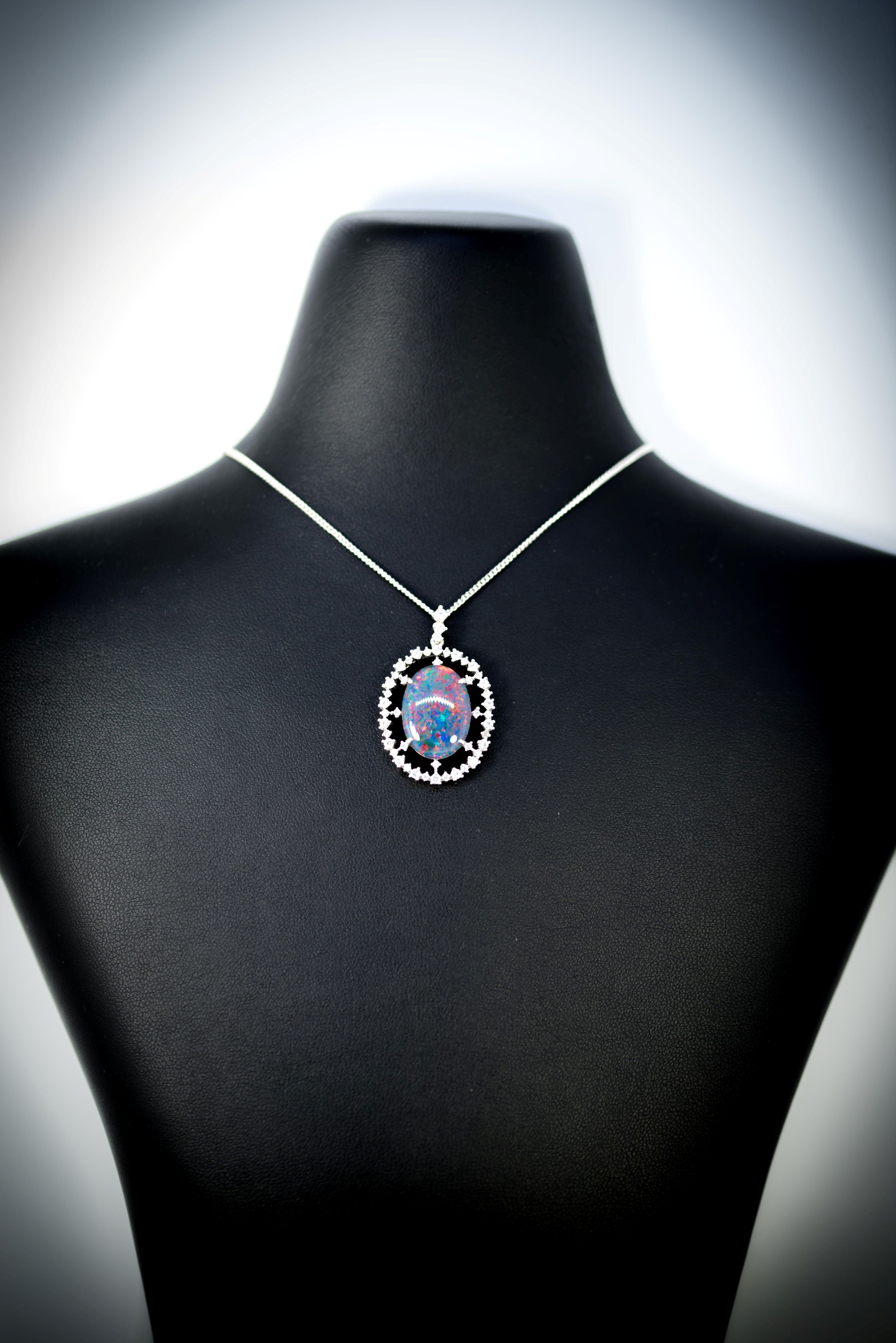 Large Australian Opal - Halo Cluster Multi Color Fire Opal Necklace - Genuine Australian Triplet Opal Necklace Pendant in Sterling Silver White Gold Plated