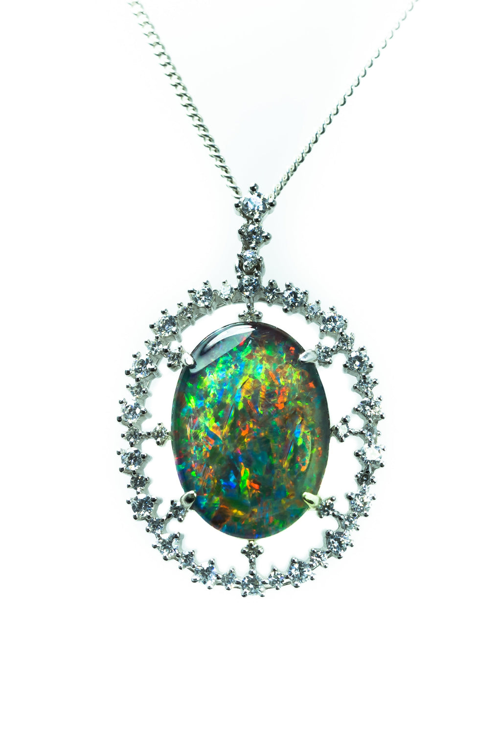 Large Australian Opal - Halo Cluster Multi Color Fire Opal Necklace - Genuine Australian Triplet Opal Necklace Pendant in Sterling Silver White Gold Plated