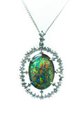 Large Australian Opal - Halo Cluster Multi Color Fire Opal Necklace - Genuine Australian Triplet Opal Necklace Pendant in Sterling Silver White Gold Plated