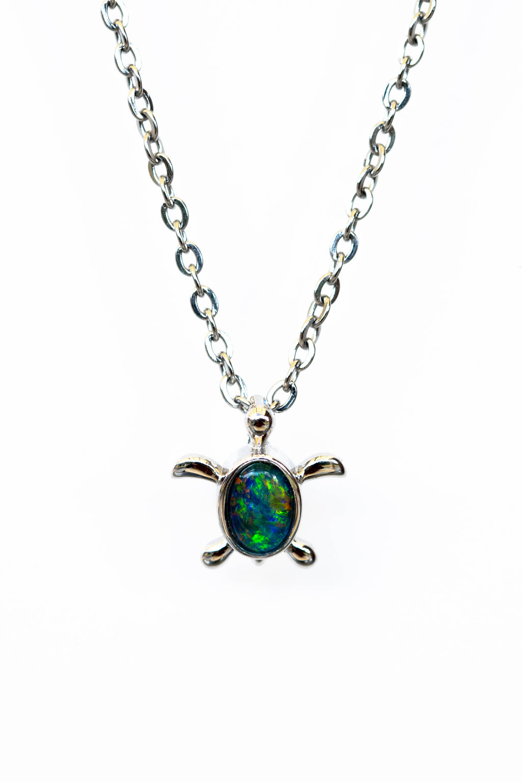 Turtle Pendant Australian Opal - Cute Green Blue Opal Necklace - Genuine Australian Triplet Opal Pendant in Sterling Silver White Gold Plated for Children