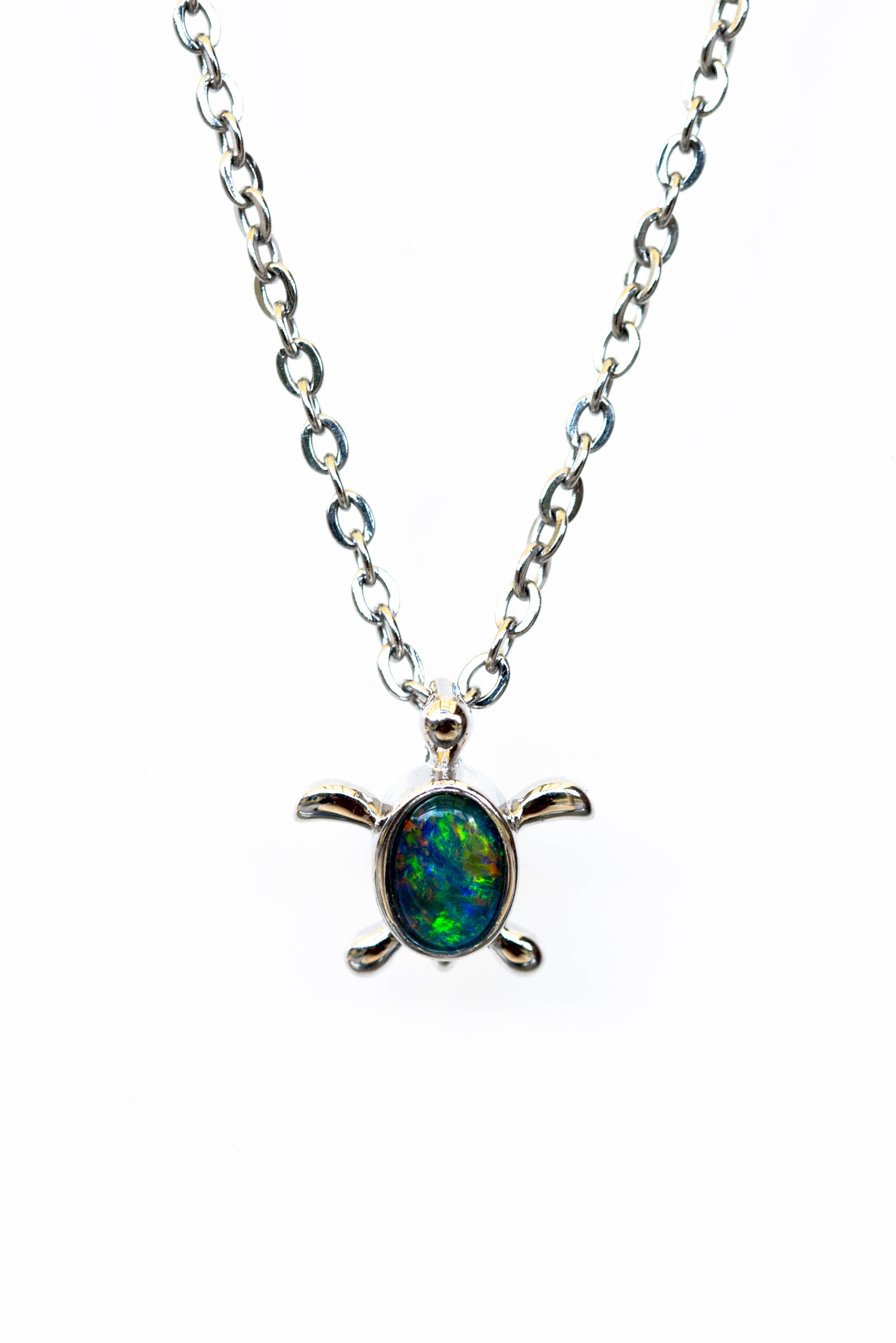 Turtle Pendant Australian Opal - Cute Green Blue Opal Necklace - Genuine Australian Triplet Opal Pendant in Sterling Silver White Gold Plated for Children
