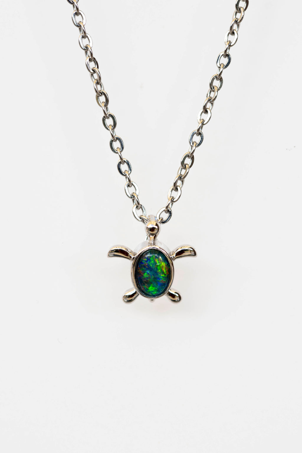 Turtle Pendant Australian Opal - Cute Green Blue Opal Necklace - Genuine Australian Triplet Opal Pendant in Sterling Silver White Gold Plated for Children