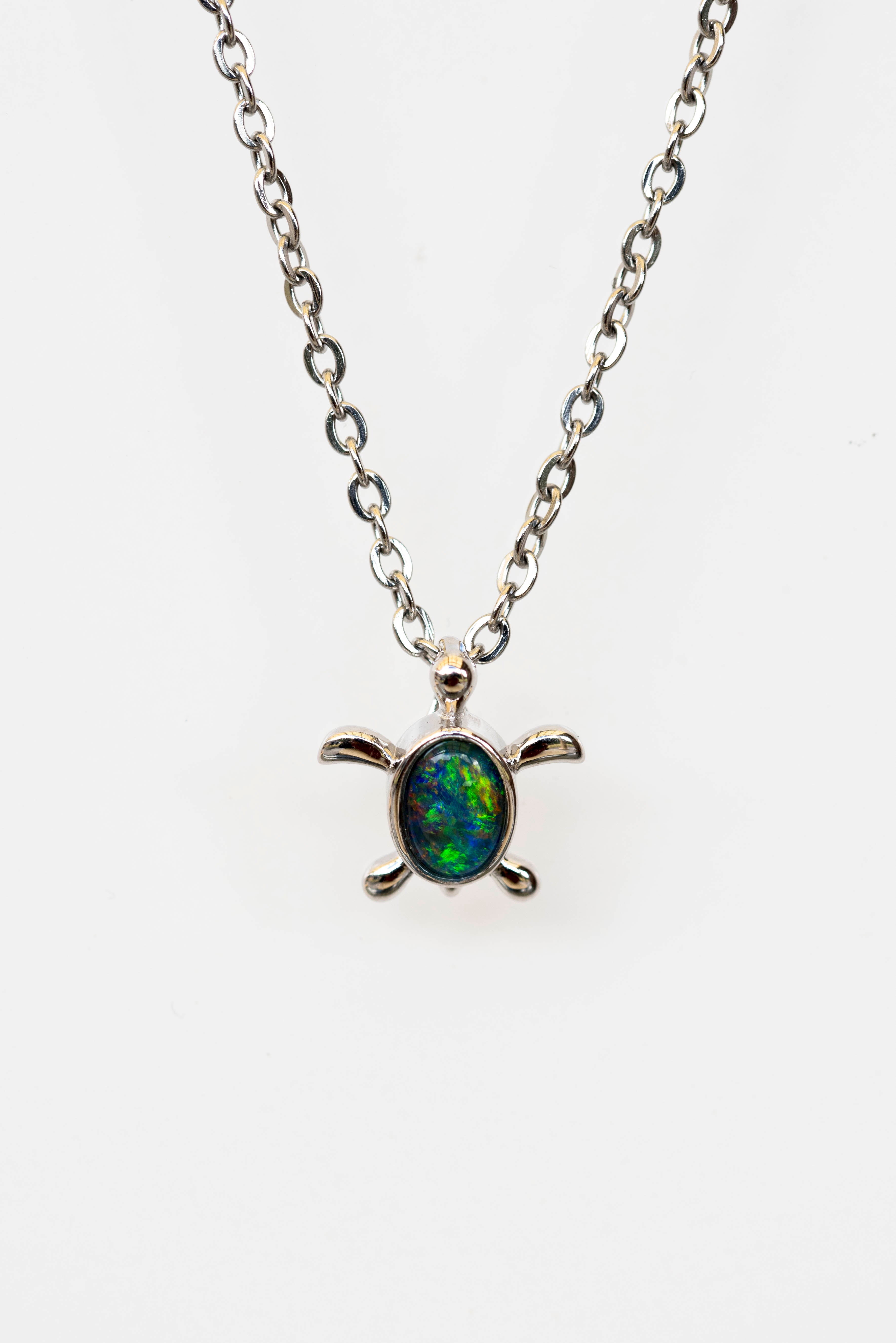 Turtle Pendant Australian Opal - Cute Green Blue Opal Necklace - Genuine Australian Triplet Opal Pendant in Sterling Silver White Gold Plated for Children