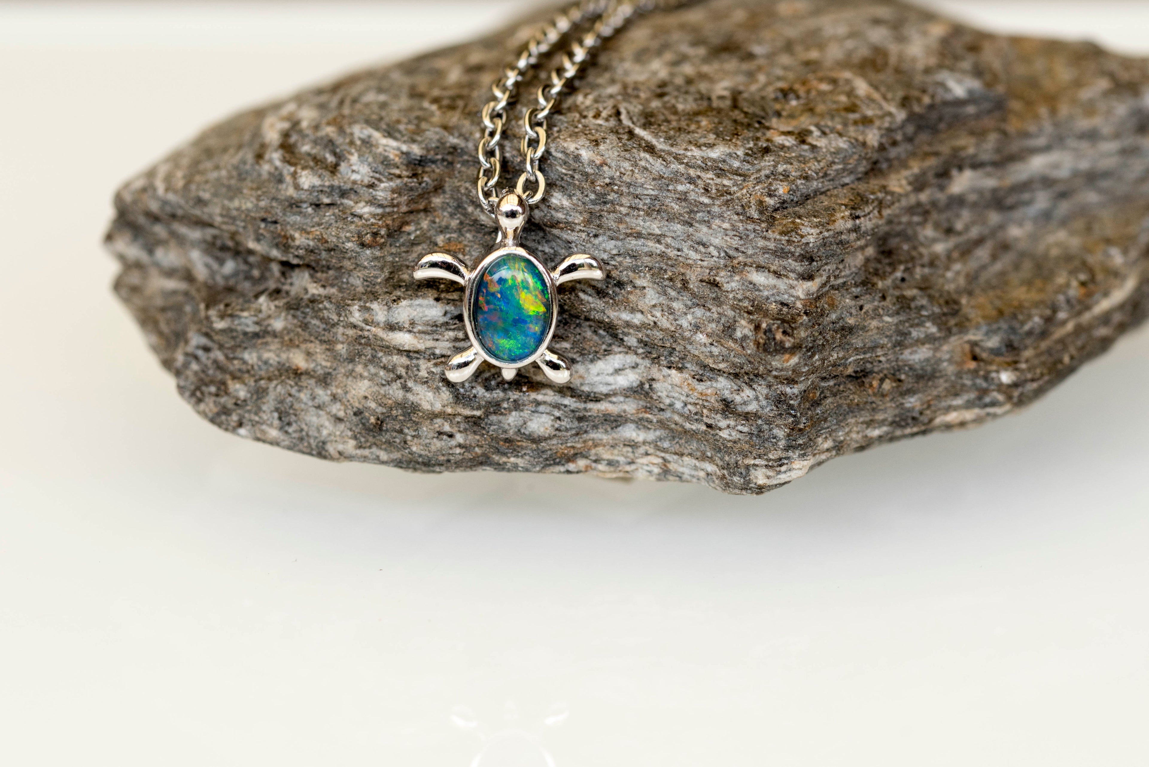 Turtle Pendant Australian Opal - Cute Green Blue Opal Necklace - Genuine Australian Triplet Opal Pendant in Sterling Silver White Gold Plated for Children