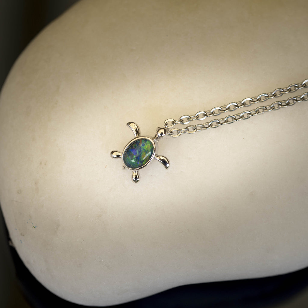 Turtle Pendant Australian Opal - Cute Green Blue Opal Necklace - Genuine Australian Triplet Opal Pendant in Sterling Silver White Gold Plated for Children