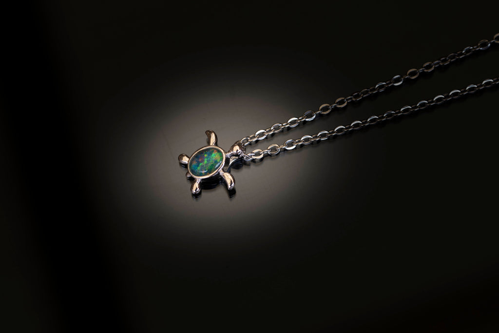 Turtle Pendant Australian Opal - Cute Green Blue Opal Necklace - Genuine Australian Triplet Opal Pendant in Sterling Silver White Gold Plated for Children