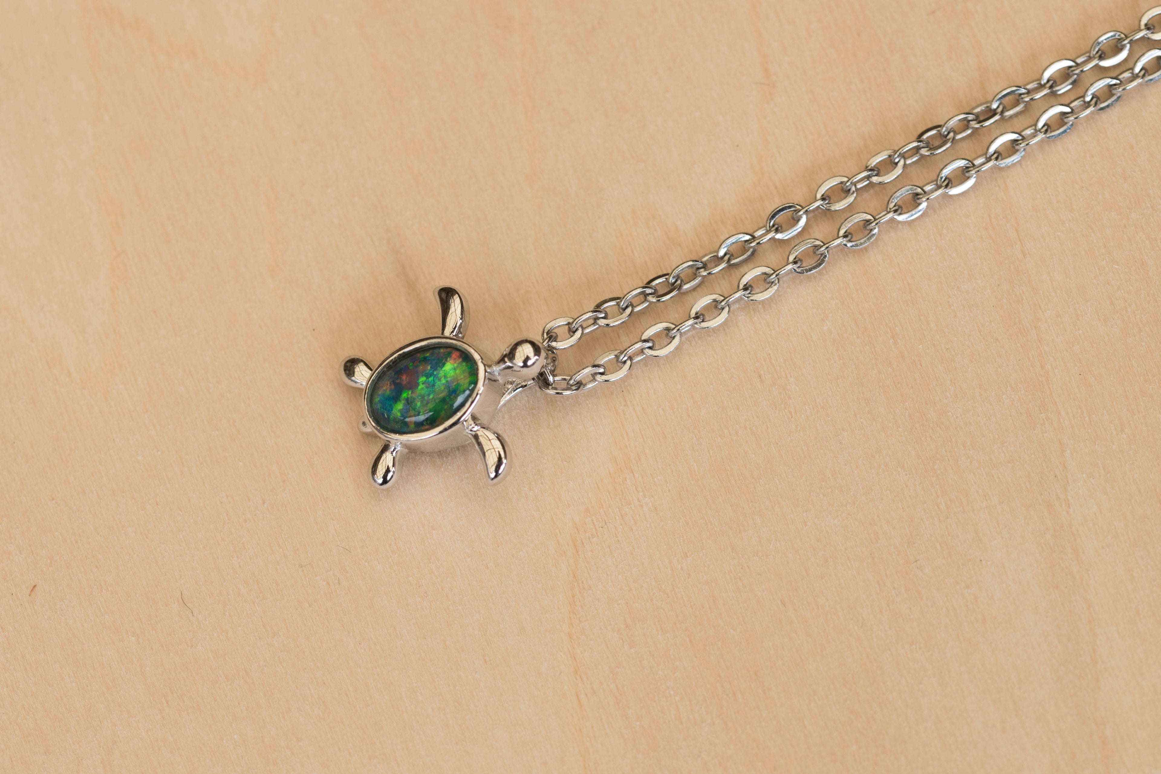Turtle Pendant Australian Opal - Cute Green Blue Opal Necklace - Genuine Australian Triplet Opal Pendant in Sterling Silver White Gold Plated for Children