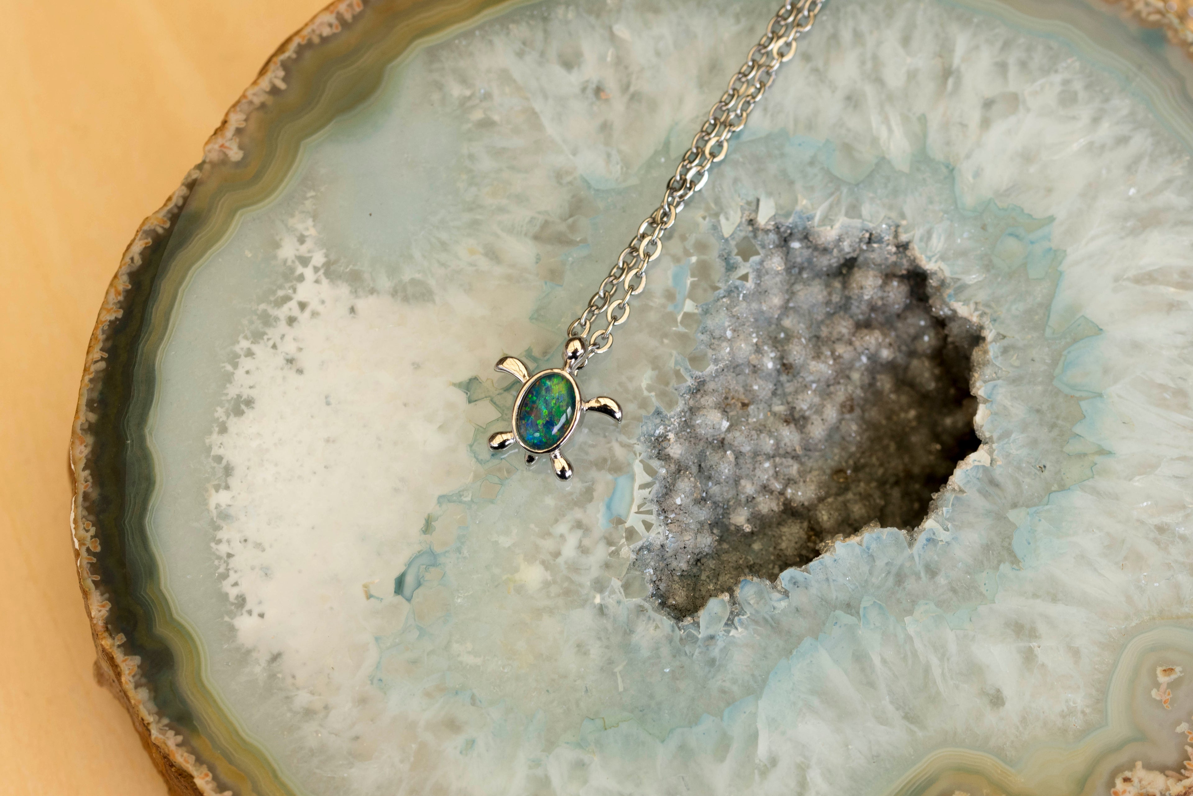 Turtle Pendant Australian Opal - Cute Green Blue Opal Necklace - Genuine Australian Triplet Opal Pendant in Sterling Silver White Gold Plated for Children