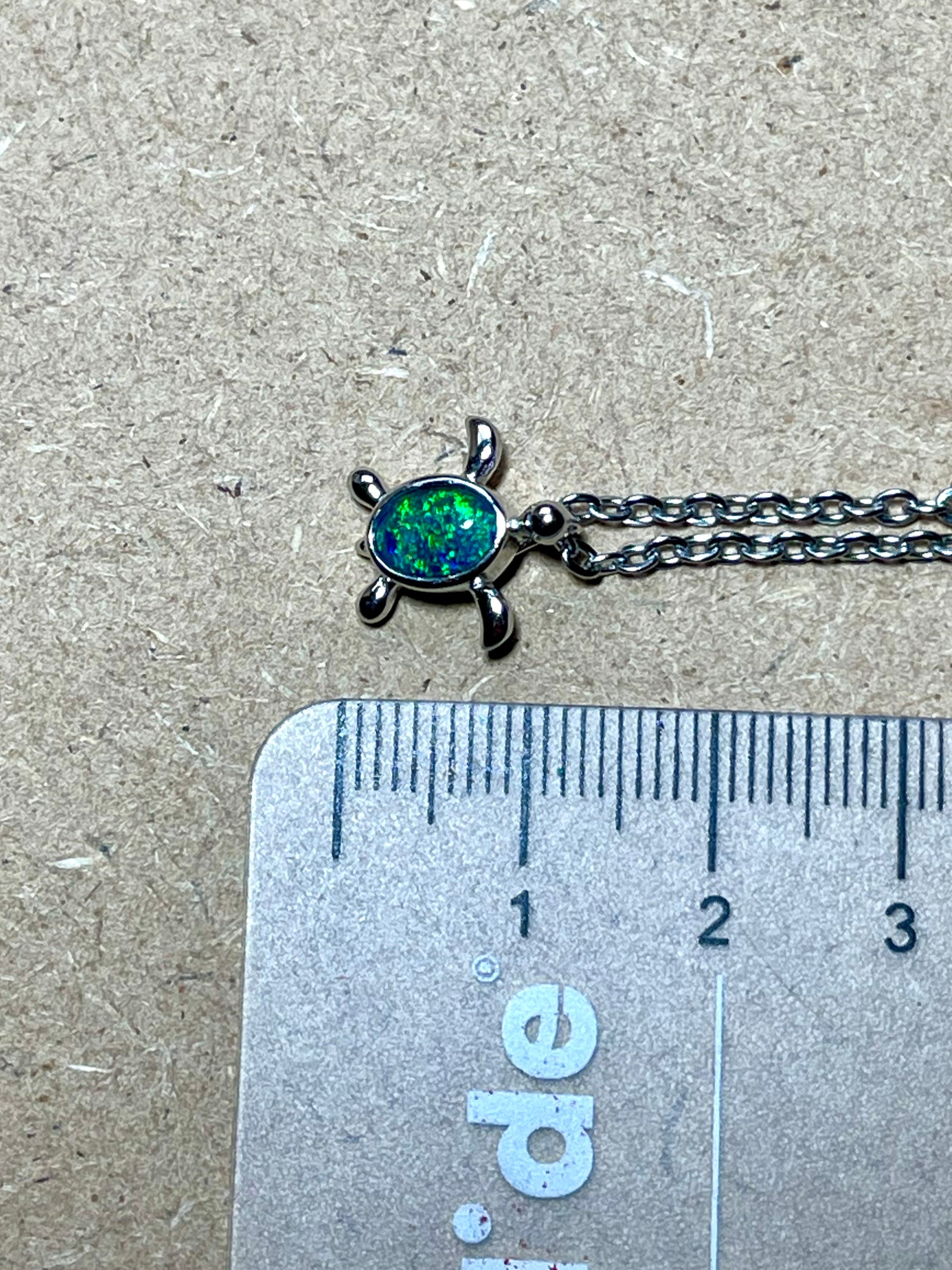 Turtle Pendant Australian Opal - Cute Green Blue Opal Necklace - Genuine Australian Triplet Opal Pendant in Sterling Silver White Gold Plated for Children
