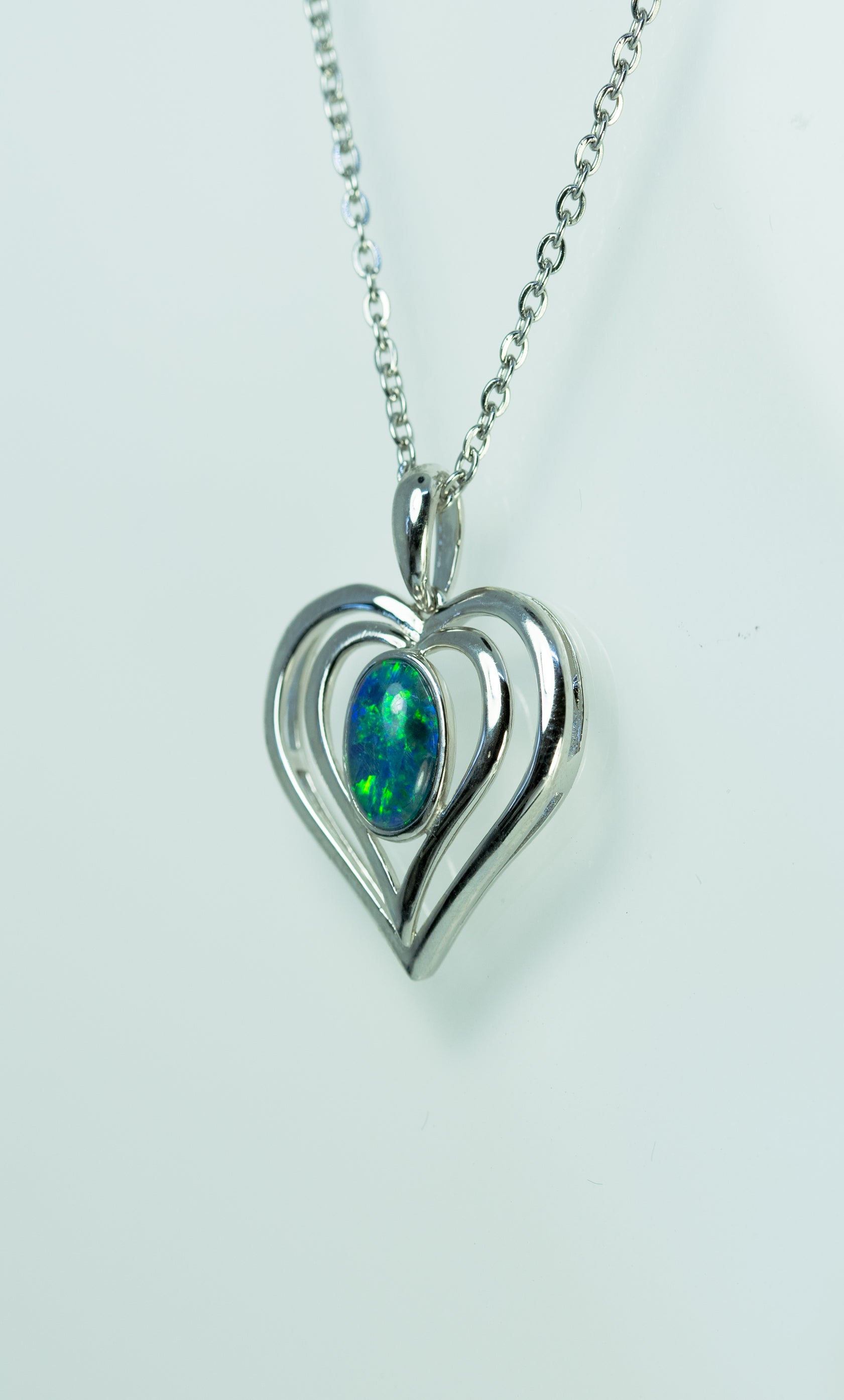Heart Pendant in Australian Triplet Opal - Fire Opal Necklace - Genuine Australian Triplet Opal Necklace Pendant in Sterling Silver White Gold Plated