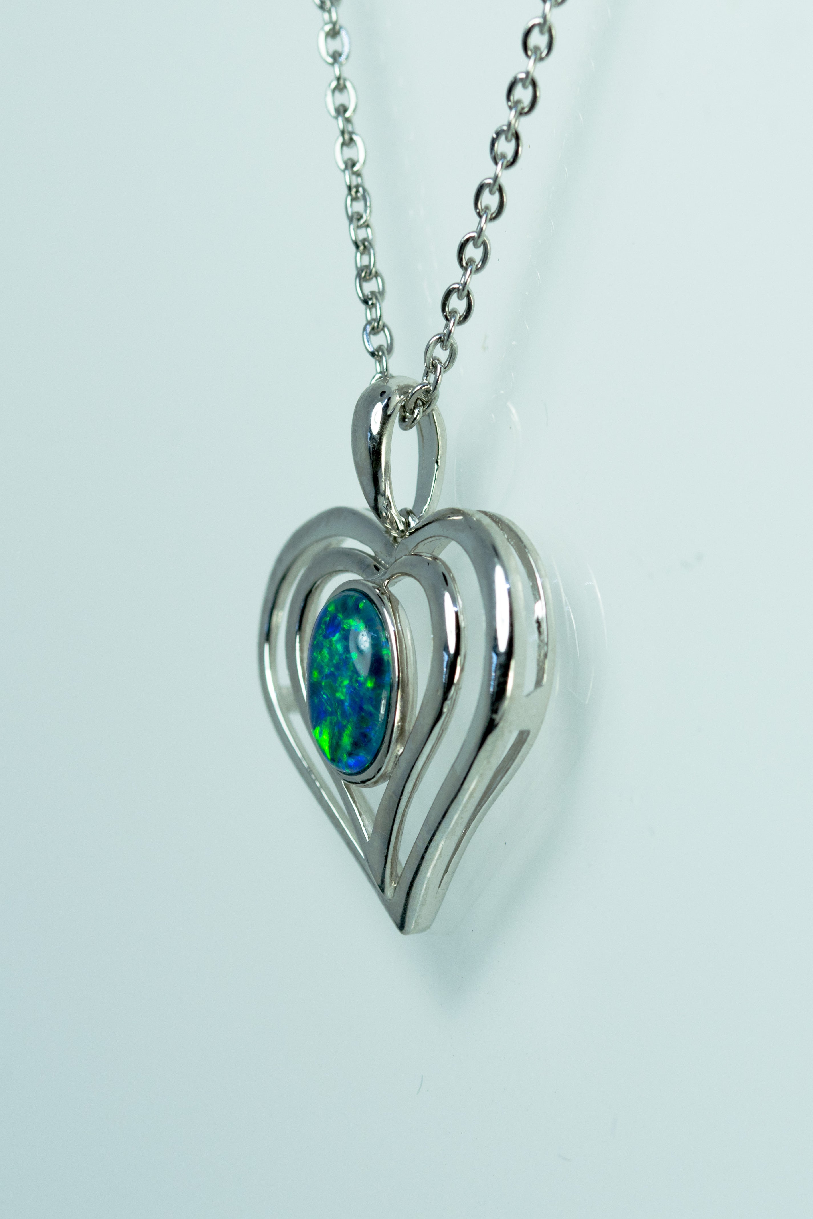Heart Pendant in Australian Triplet Opal - Fire Opal Necklace - Genuine Australian Triplet Opal Necklace Pendant in Sterling Silver White Gold Plated
