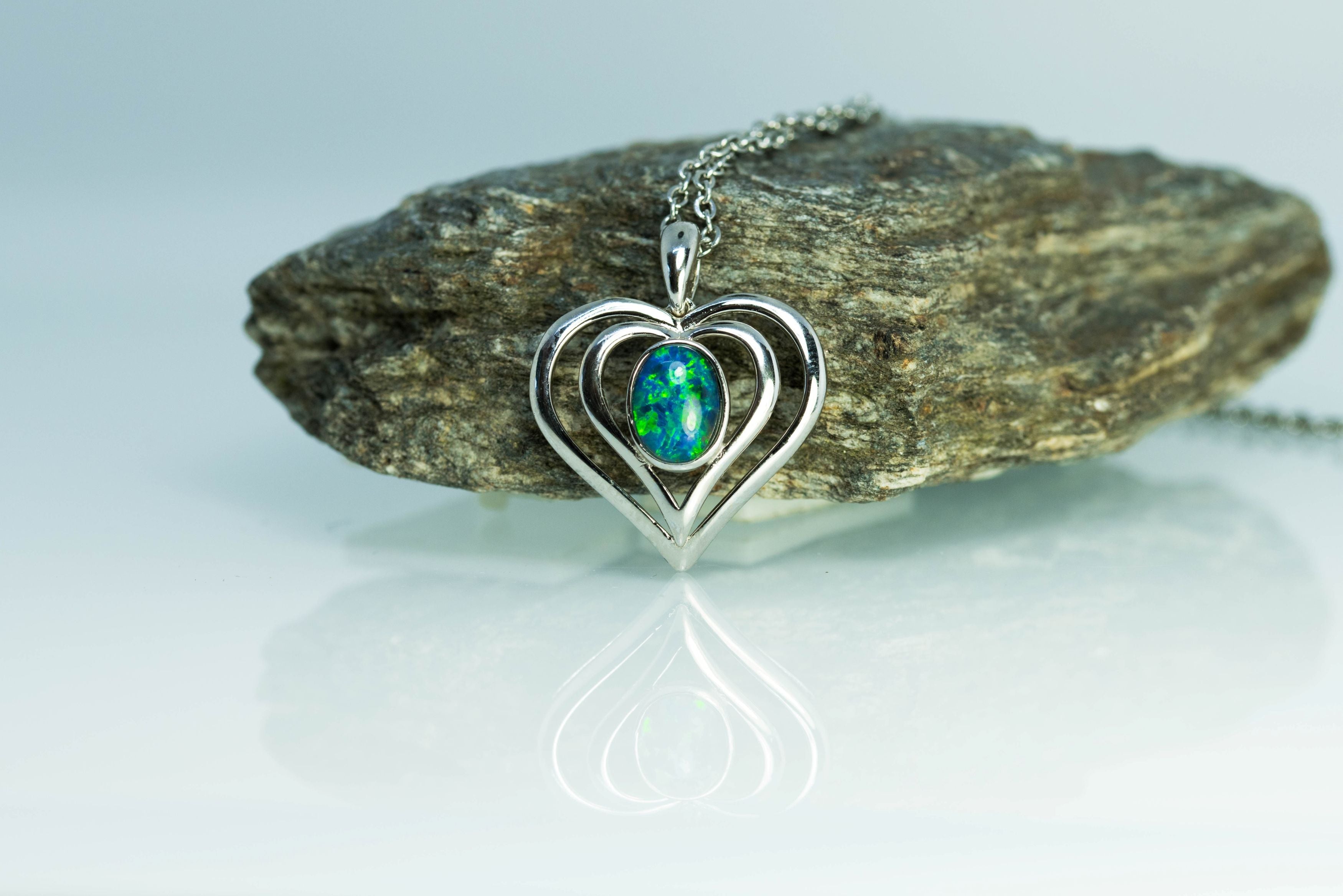 Heart Pendant in Australian Triplet Opal - Fire Opal Necklace - Genuine Australian Triplet Opal Necklace Pendant in Sterling Silver White Gold Plated