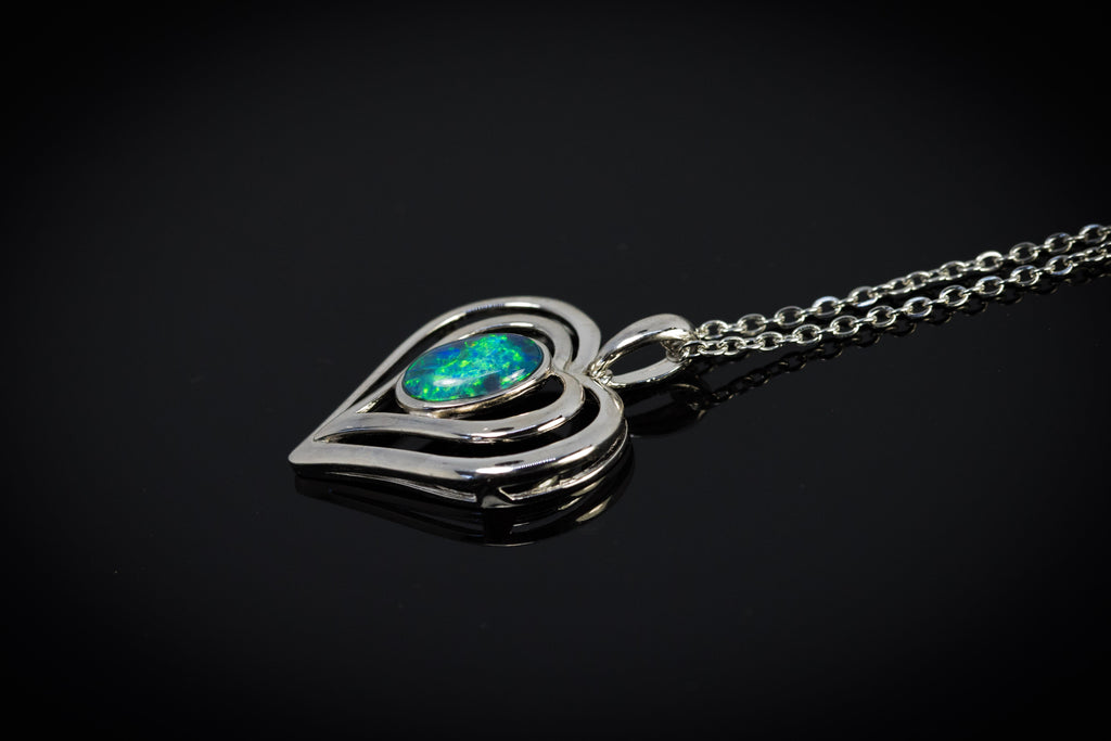 Heart Pendant in Australian Triplet Opal - Fire Opal Necklace - Genuine Australian Triplet Opal Necklace Pendant in Sterling Silver White Gold Plated