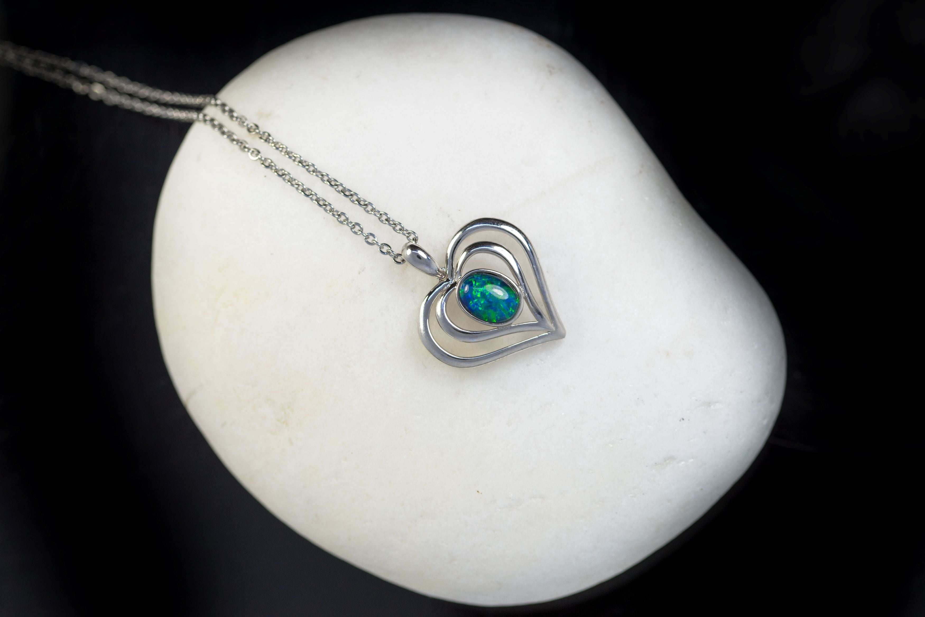 Heart Pendant in Australian Triplet Opal - Fire Opal Necklace - Genuine Australian Triplet Opal Necklace Pendant in Sterling Silver White Gold Plated