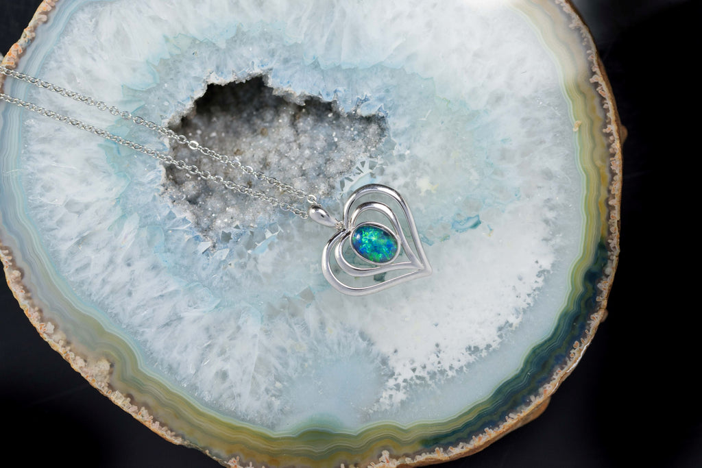 Heart Pendant in Australian Triplet Opal - Fire Opal Necklace - Genuine Australian Triplet Opal Necklace Pendant in Sterling Silver White Gold Plated