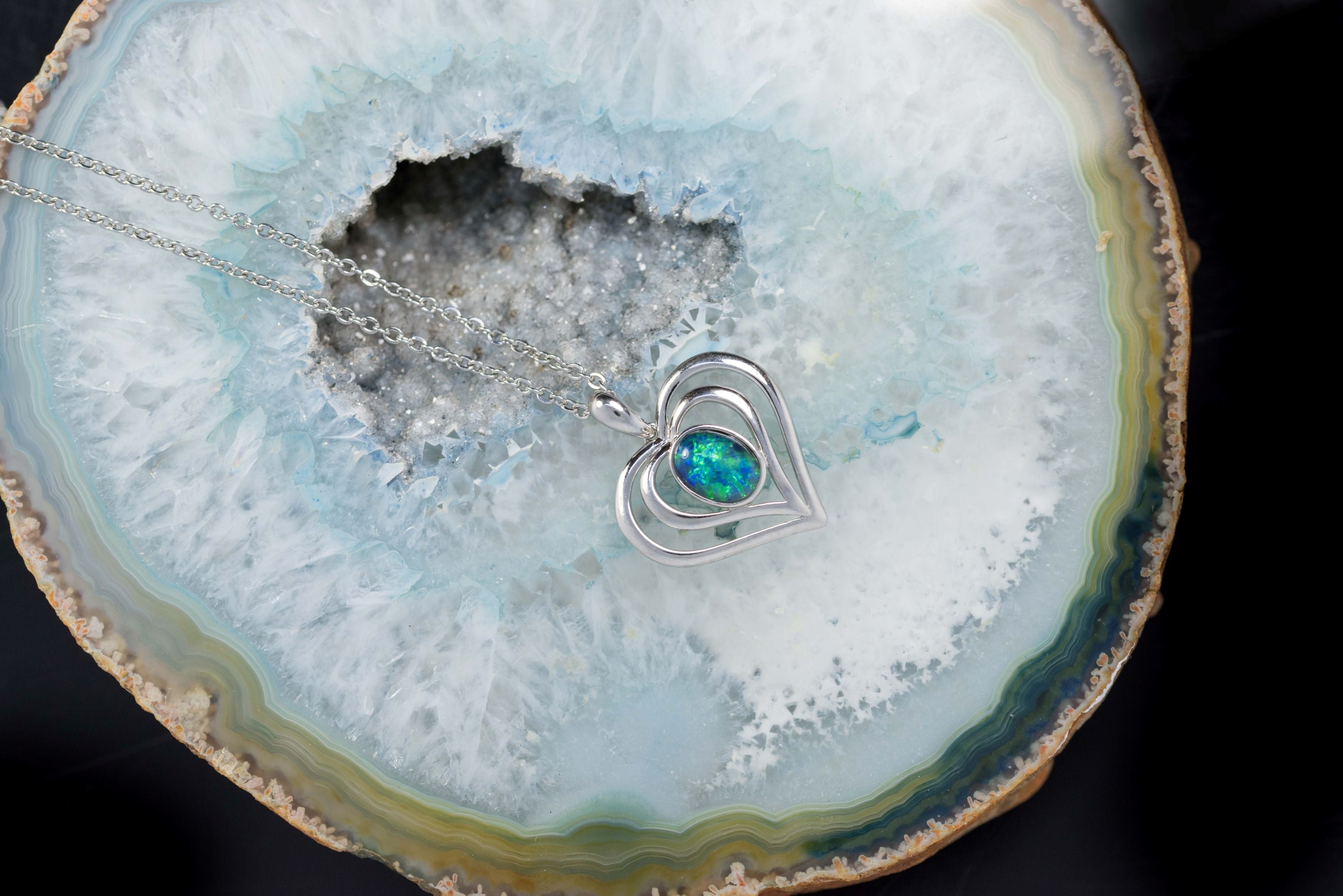 Heart Pendant in Australian Triplet Opal - Fire Opal Necklace - Genuine Australian Triplet Opal Necklace Pendant in Sterling Silver White Gold Plated