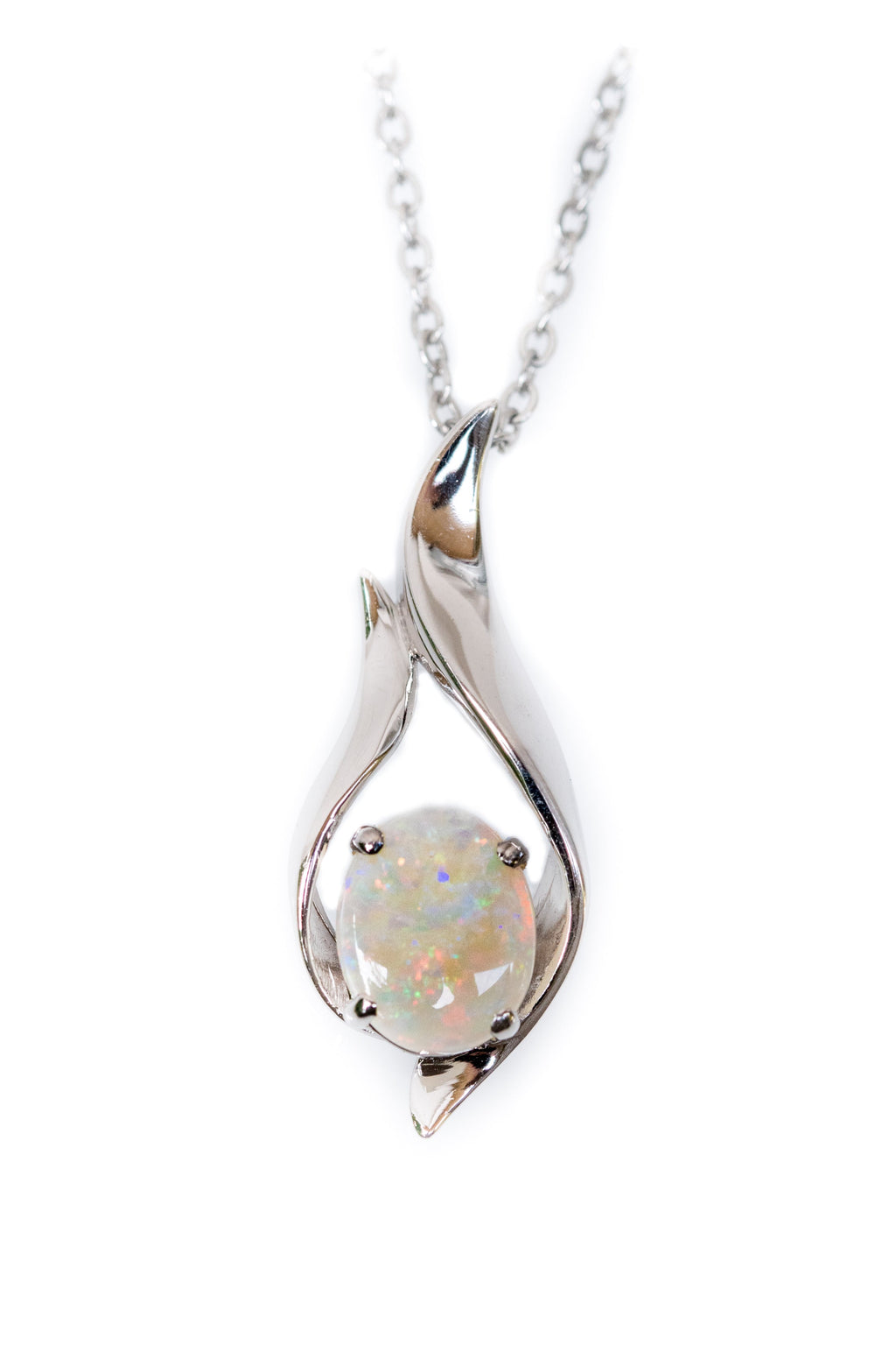 Solid Australian Opal - Authentic Multi Color Fire Opal Necklace - Australian Opal Necklace Pendant in Sterling Silver White Gold Plated