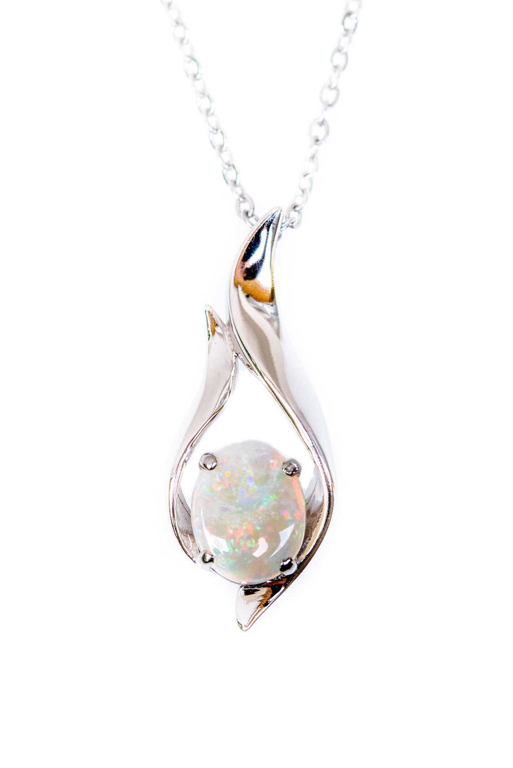 Solid Australian Opal - Authentic Multi Color Fire Opal Necklace - Australian Opal Necklace Pendant in Sterling Silver White Gold Plated