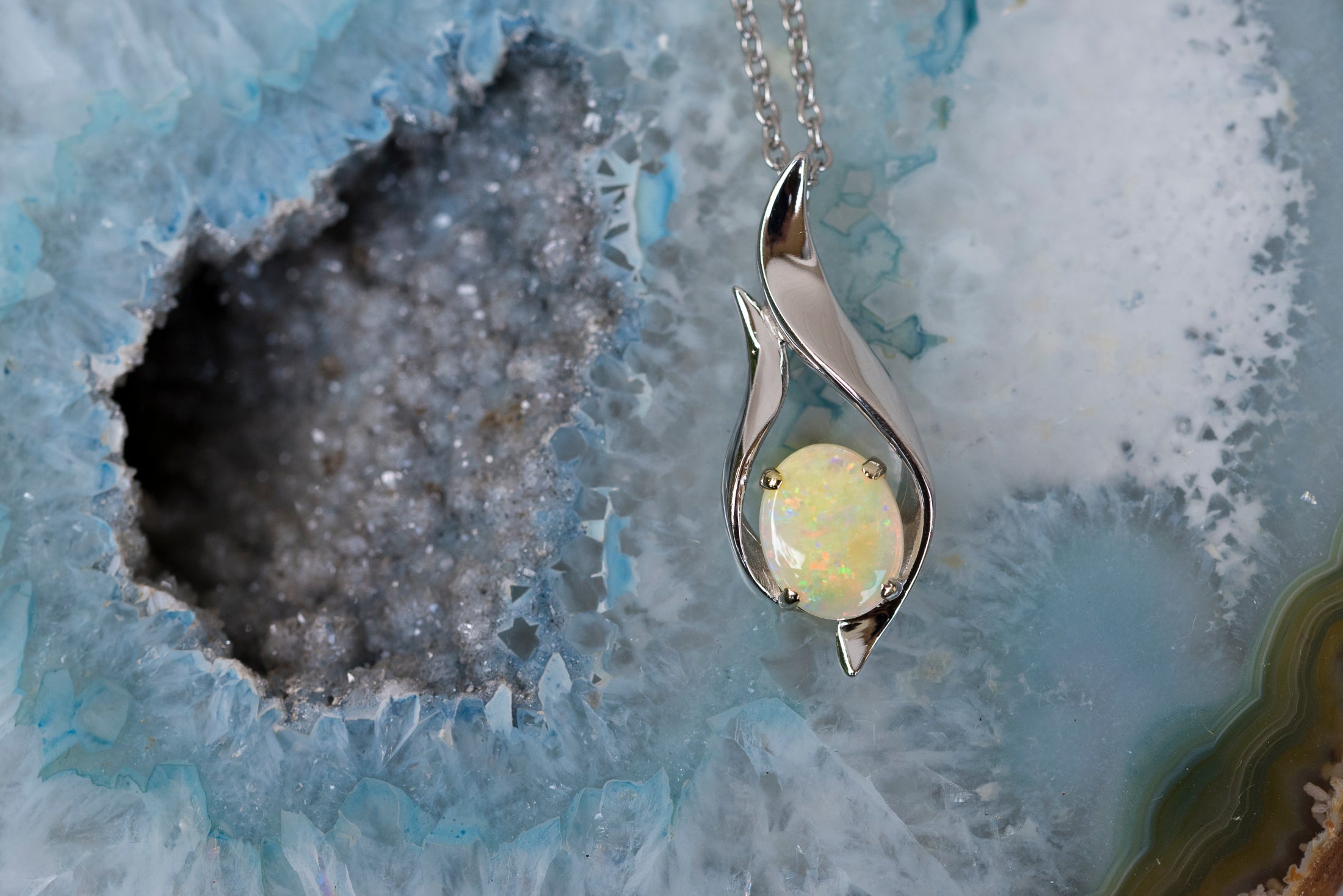 Solid Australian Opal - Authentic Multi Color Fire Opal Necklace - Australian Opal Necklace Pendant in Sterling Silver White Gold Plated