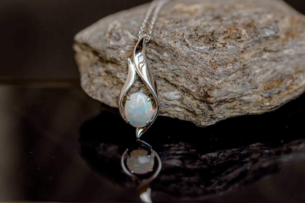 Solid Australian Opal - Authentic Multi Color Fire Opal Necklace - Australian Opal Necklace Pendant in Sterling Silver White Gold Plated