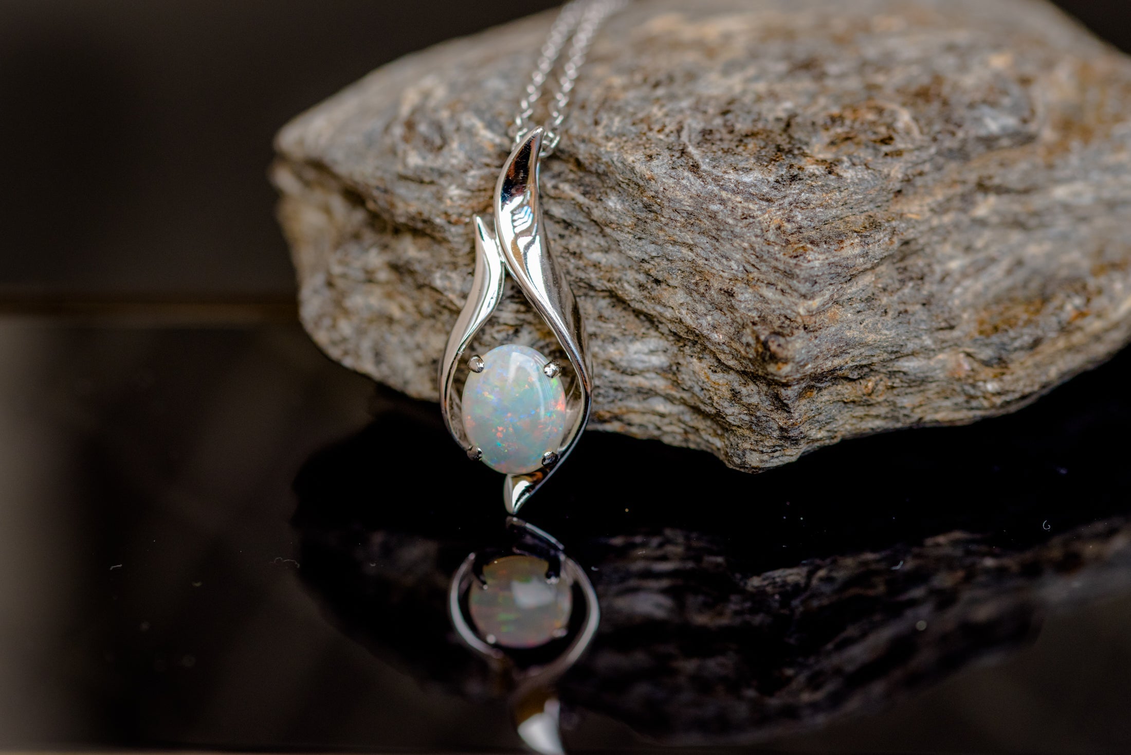 Solid Australian Opal - Authentic Multi Color Fire Opal Necklace - Australian Opal Necklace Pendant in Sterling Silver White Gold Plated