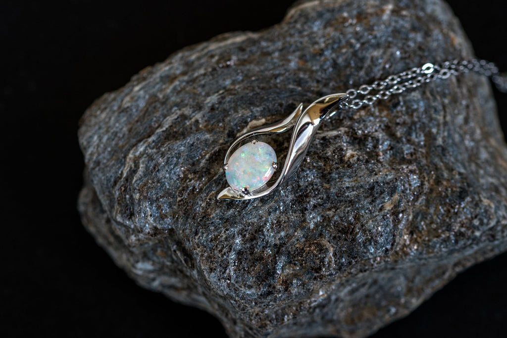 Solid Australian Opal - Authentic Multi Color Fire Opal Necklace - Australian Opal Necklace Pendant in Sterling Silver White Gold Plated