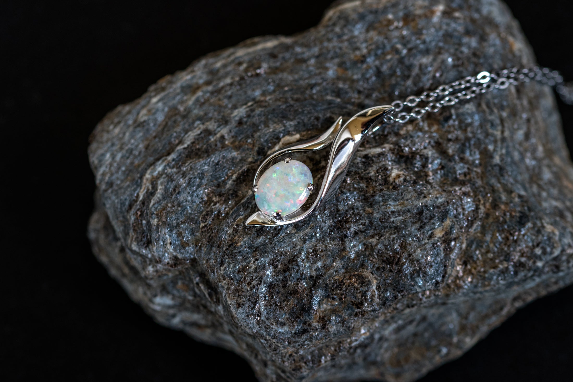 Solid Australian Opal - Authentic Multi Color Fire Opal Necklace - Australian Opal Necklace Pendant in Sterling Silver White Gold Plated