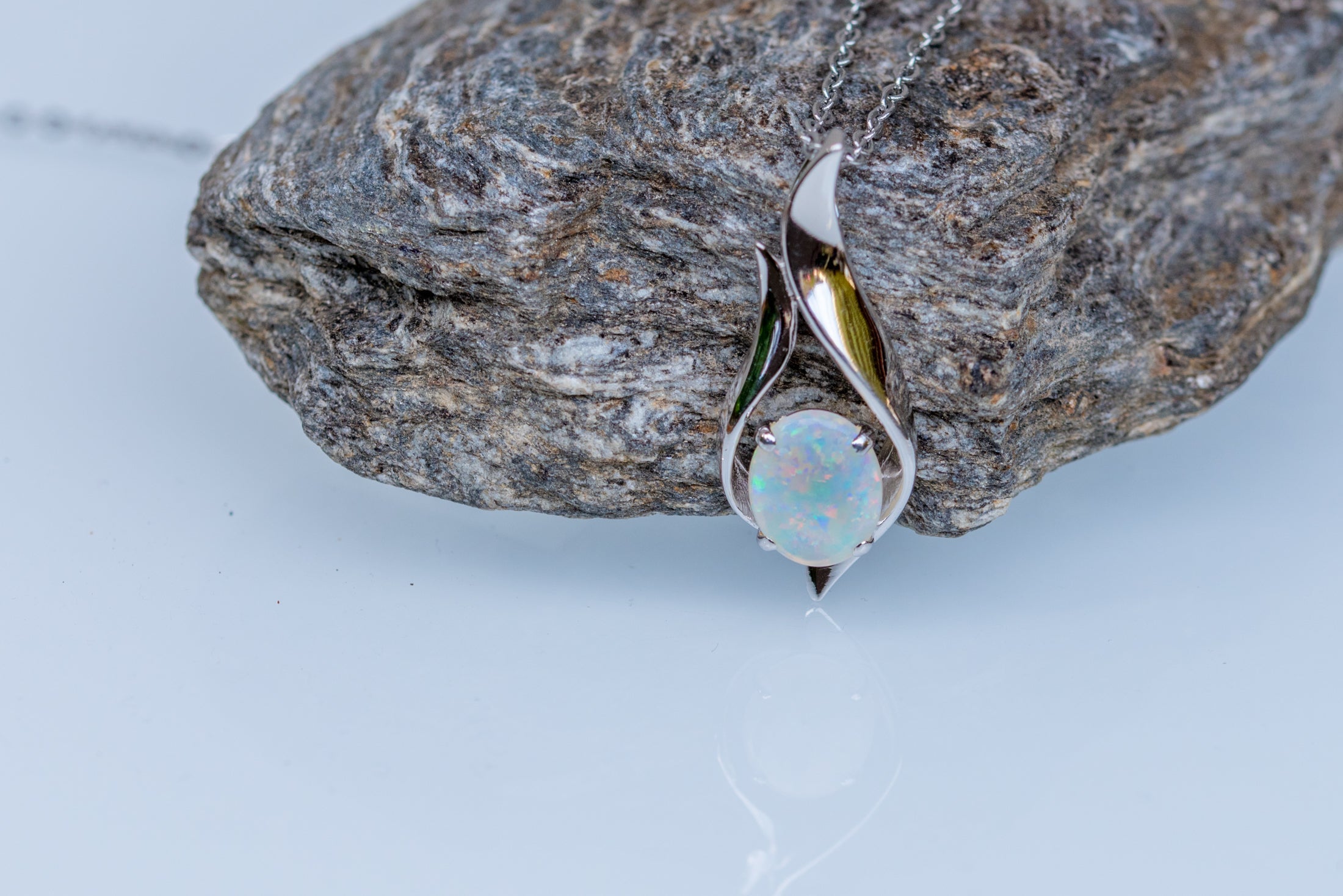 Solid Australian Opal - Authentic Multi Color Fire Opal Necklace - Australian Opal Necklace Pendant in Sterling Silver White Gold Plated