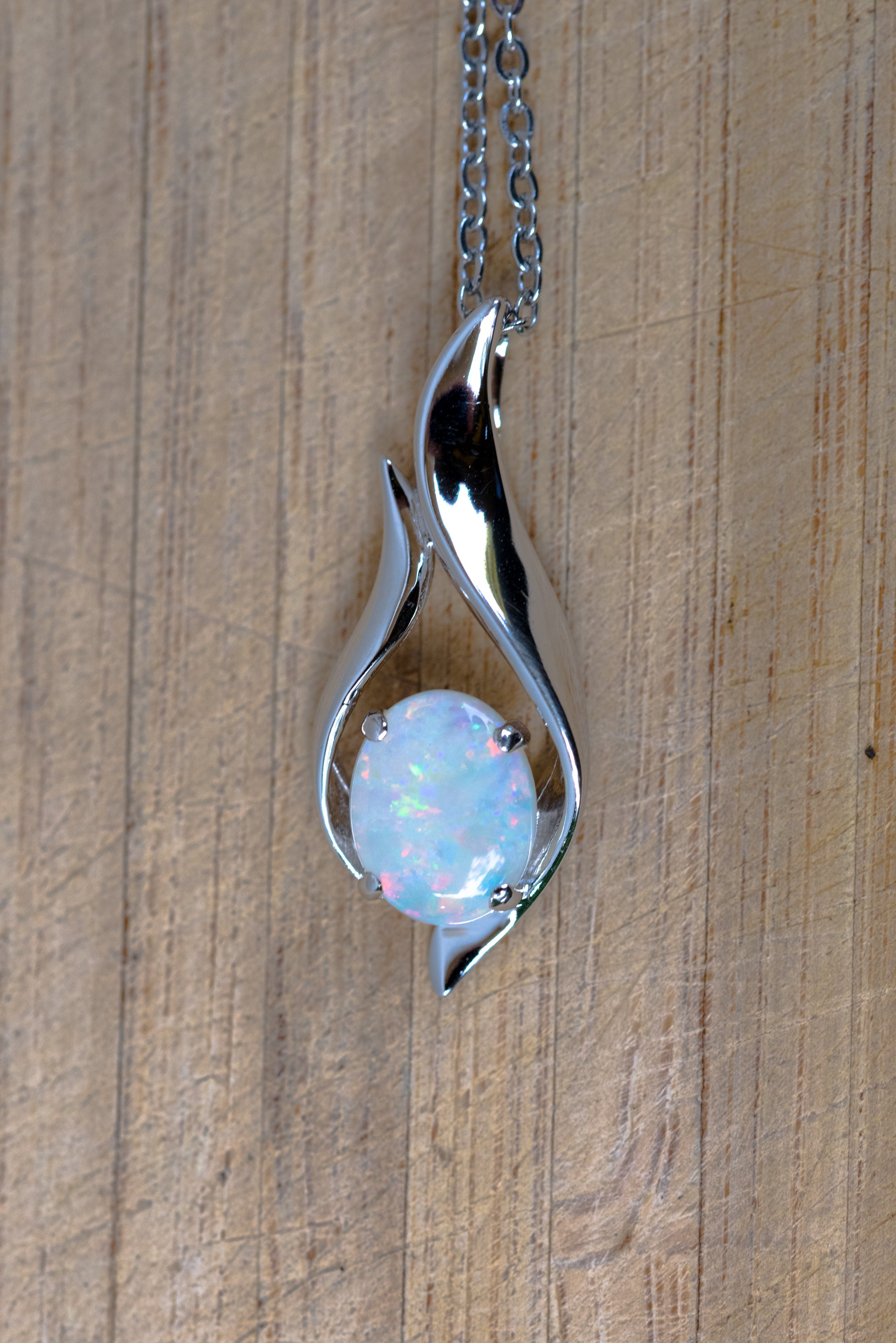 Solid Australian Opal - Authentic Multi Color Fire Opal Necklace - Australian Opal Necklace Pendant in Sterling Silver White Gold Plated