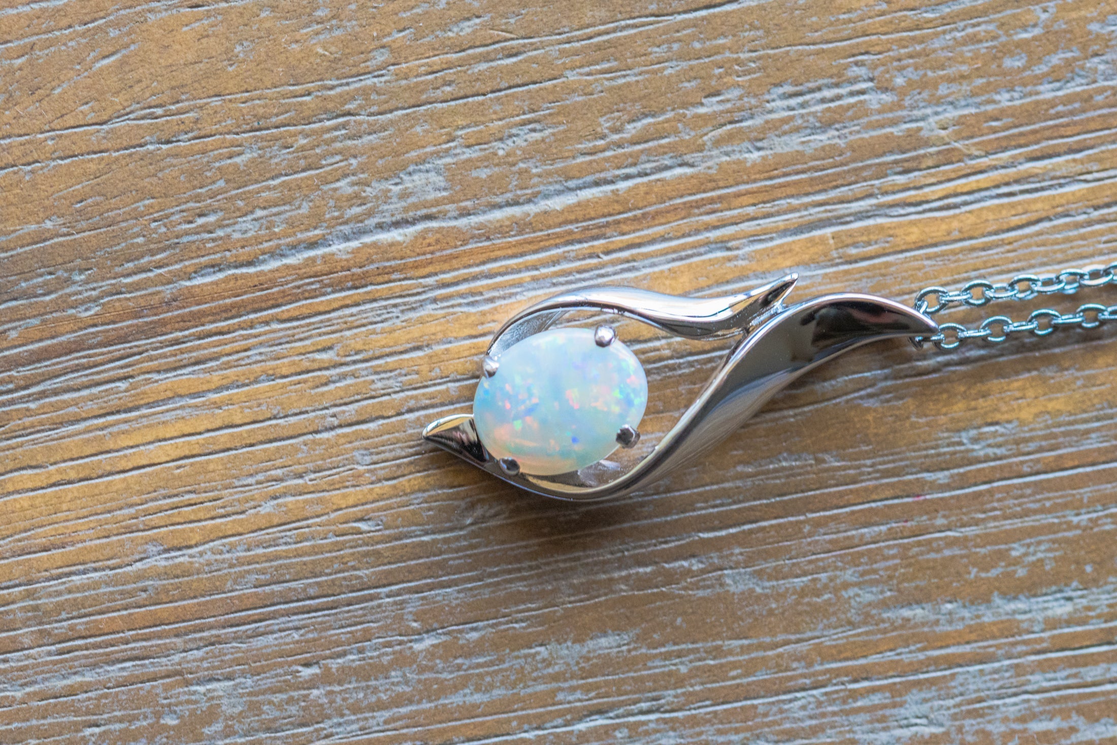 Solid Australian Opal - Authentic Multi Color Fire Opal Necklace - Australian Opal Necklace Pendant in Sterling Silver White Gold Plated