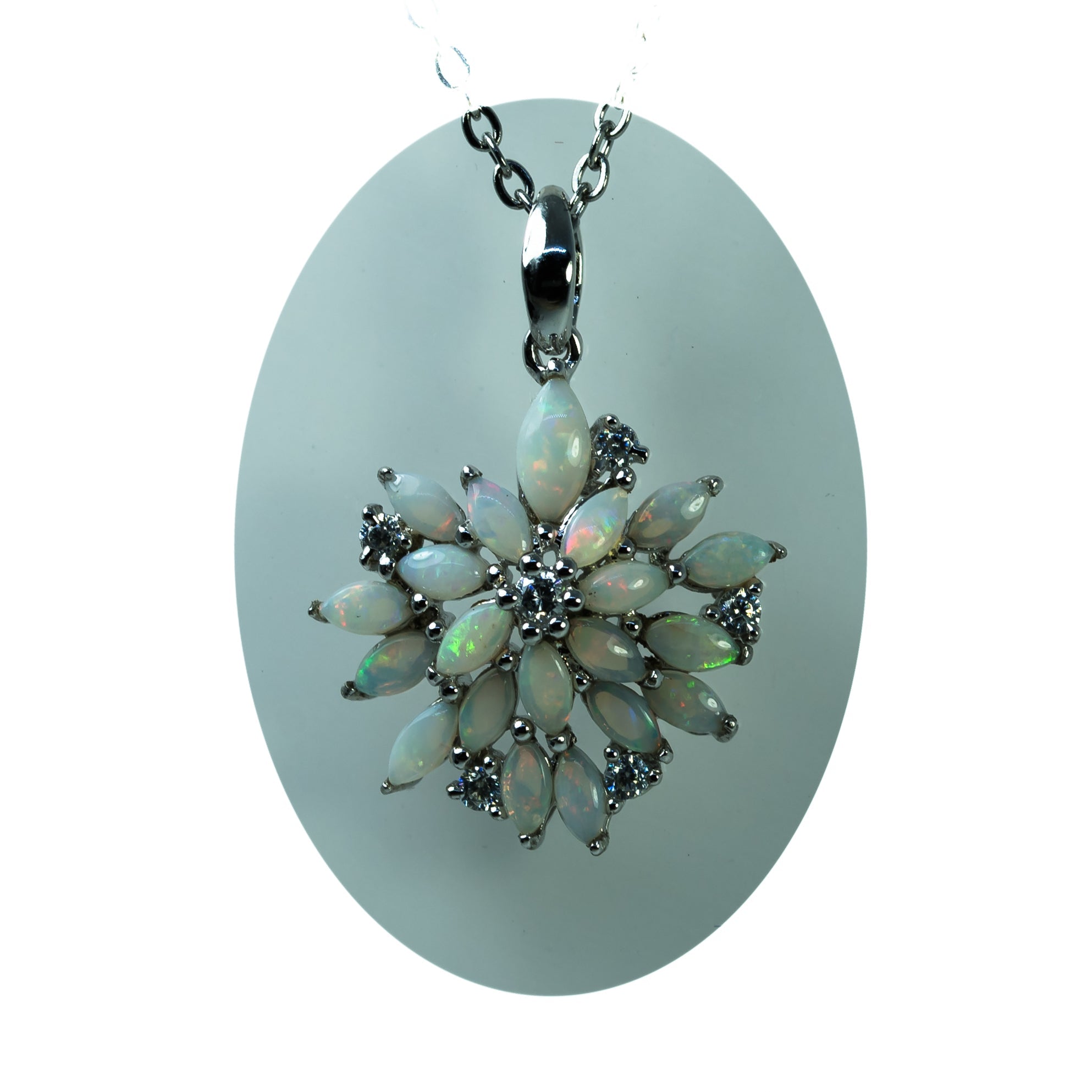 Australian Natural White Opal Necklace: Sterling Silver White Gold Plated Floral Pendant