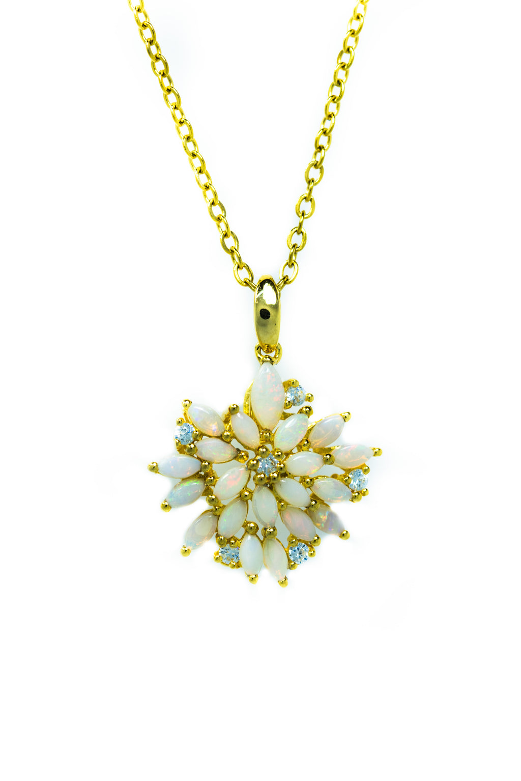 Australian Natural Opal Flower Necklace: Sterling Silver Yellow Gold Plated Pendant