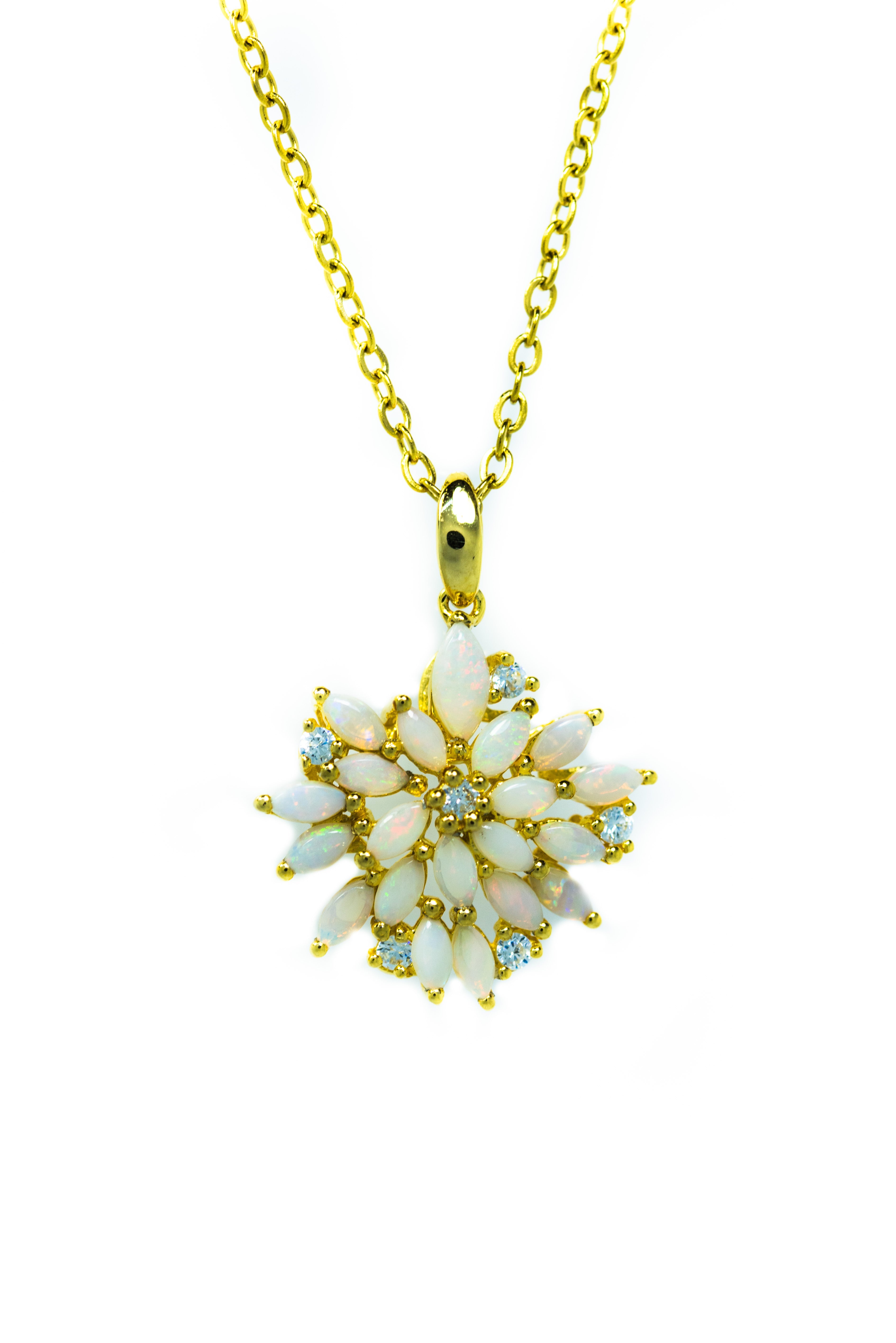Australian Natural Opal Flower Necklace: Sterling Silver Yellow Gold Plated Pendant