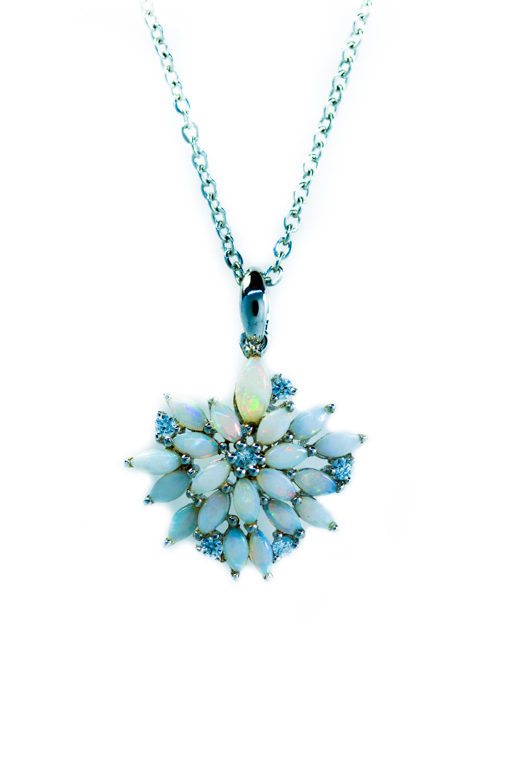 Australian Natural White Opal Necklace: Sterling Silver White Gold Plated Floral Pendant