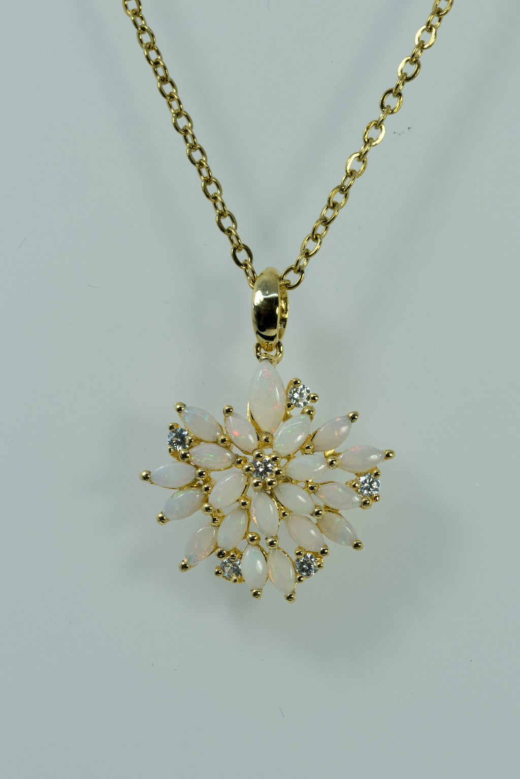 Australian Natural Opal Flower Necklace: Sterling Silver Yellow Gold Plated Pendant