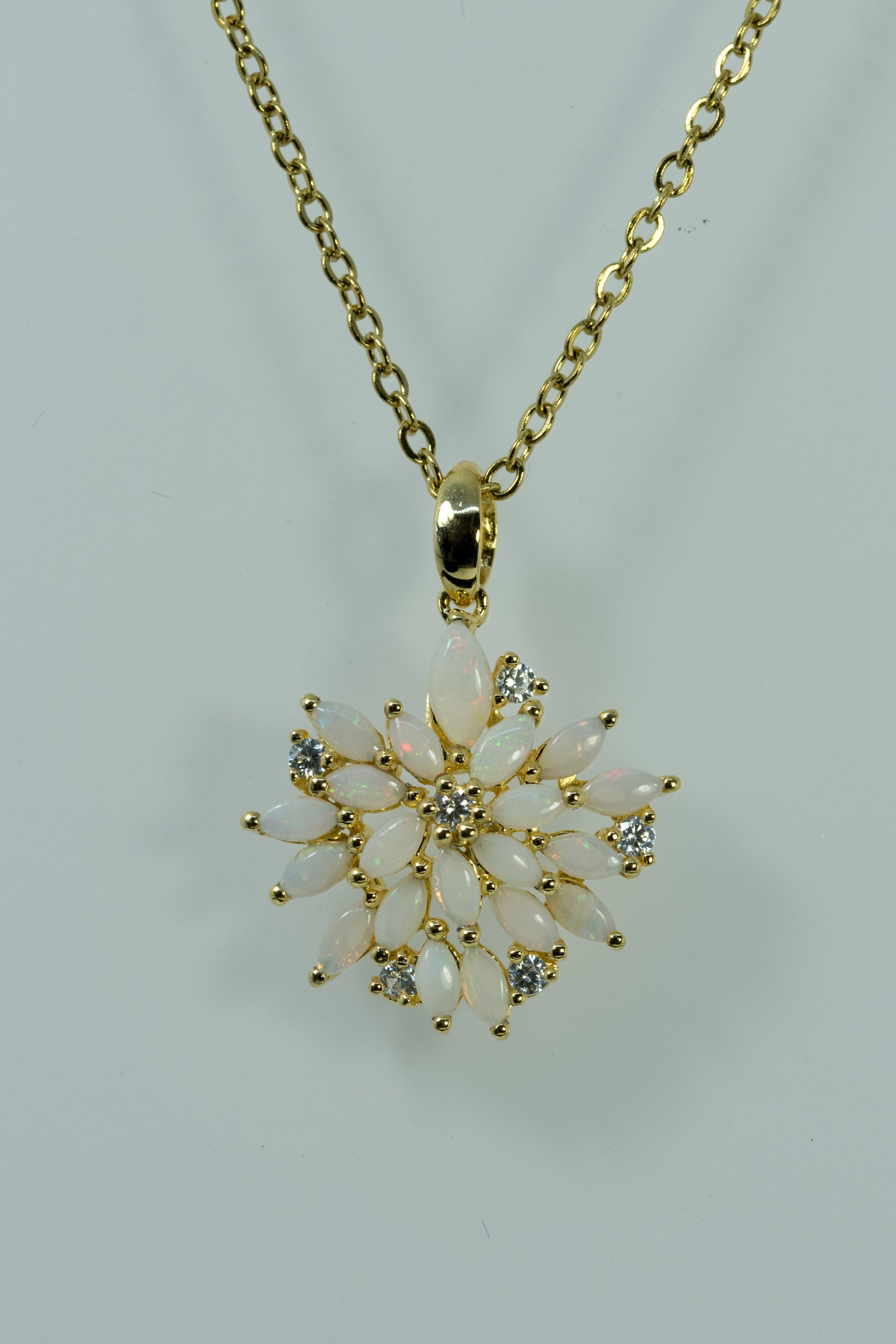 Australian Natural Opal Flower Necklace: Sterling Silver Yellow Gold Plated Pendant