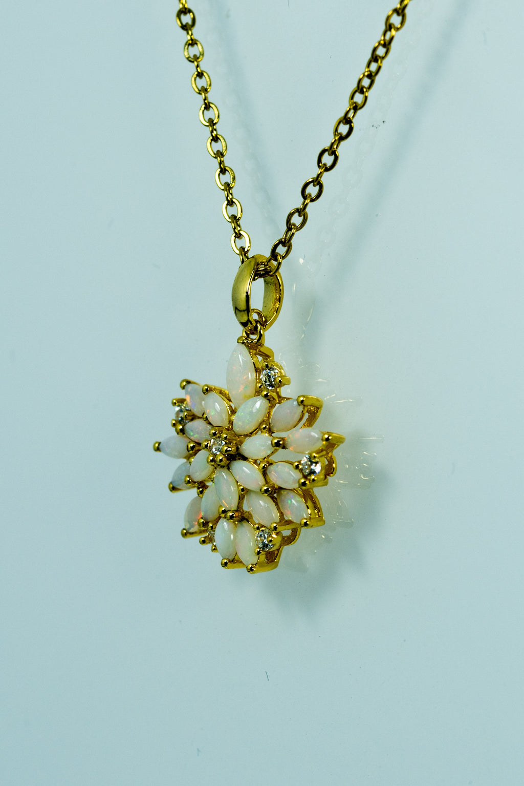 Australian Natural Opal Flower Necklace: Sterling Silver Yellow Gold Plated Pendant