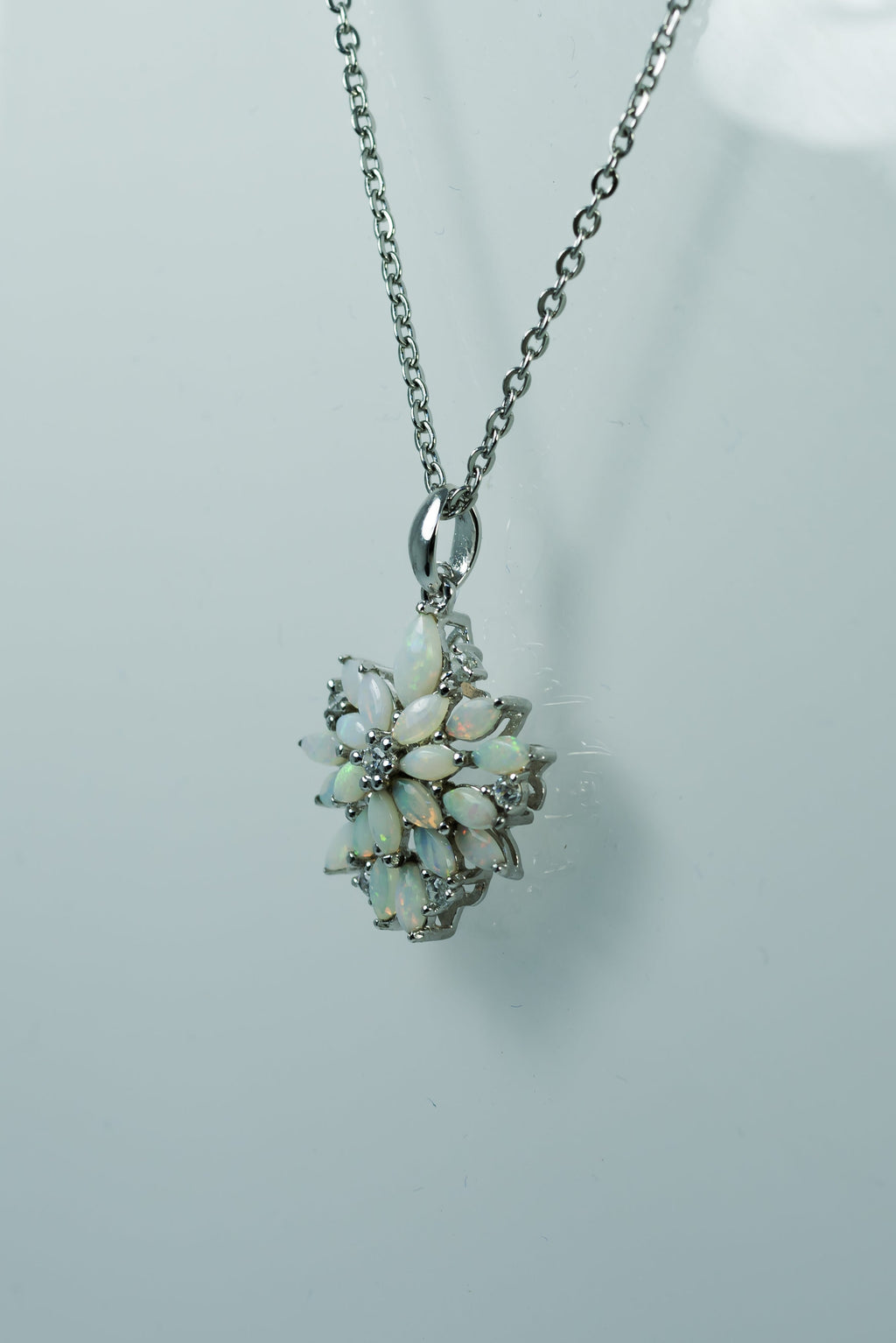 Australian Natural White Opal Necklace: Sterling Silver White Gold Plated Floral Pendant