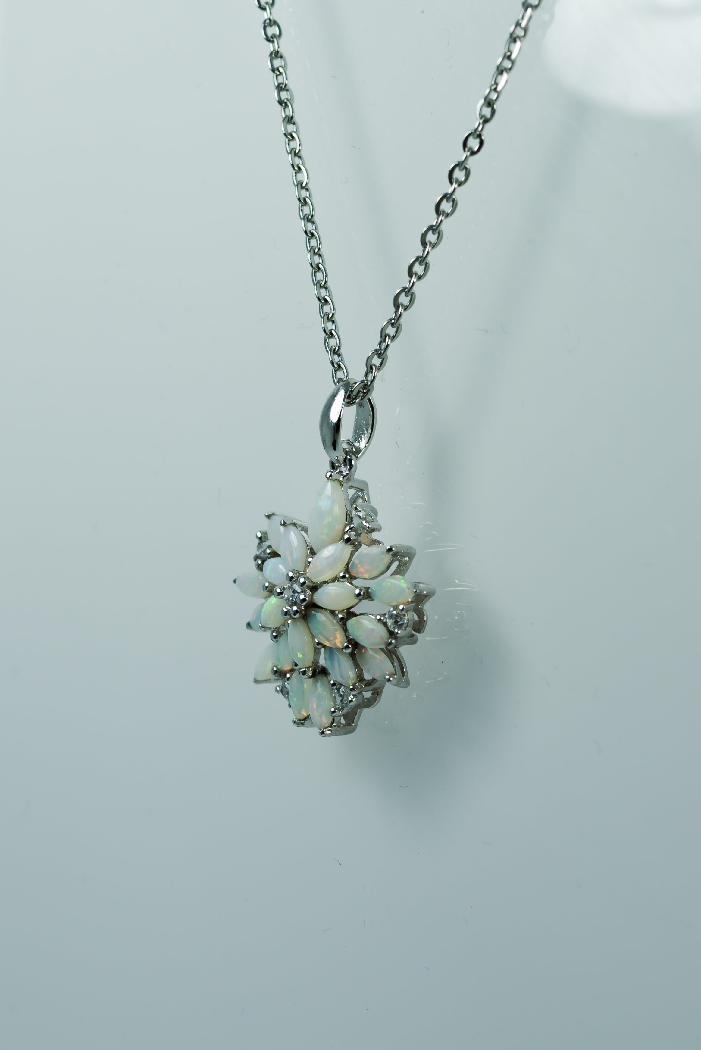Australian Natural White Opal Necklace: Sterling Silver White Gold Plated Floral Pendant