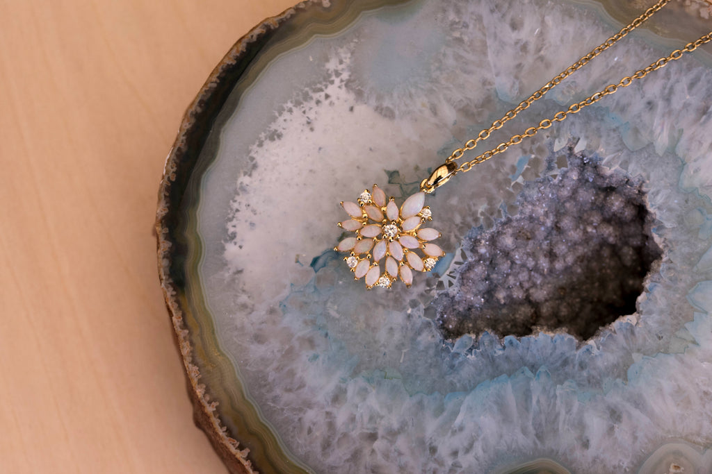 Australian Natural Opal Flower Necklace: Sterling Silver Yellow Gold Plated Pendant