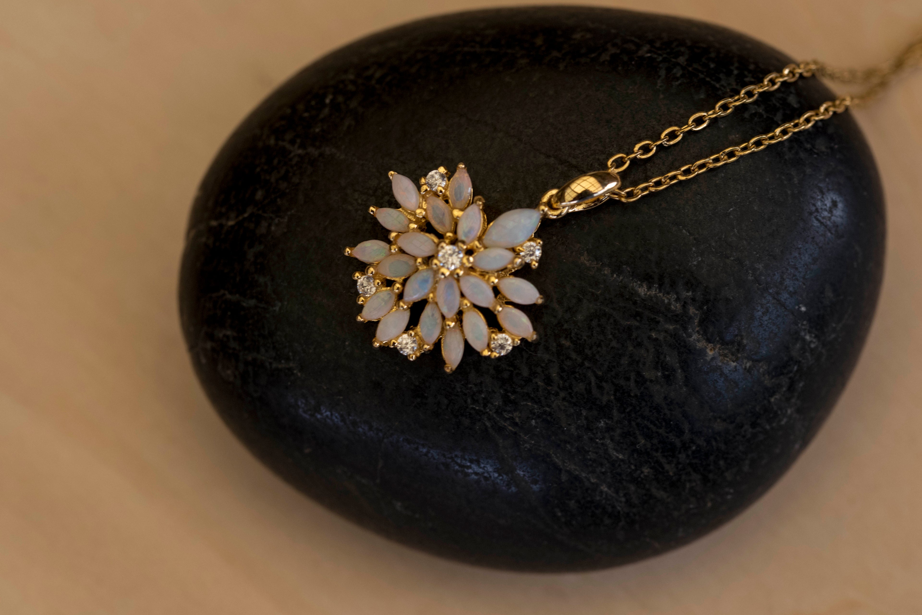 Australian Natural Opal Flower Necklace: Sterling Silver Yellow Gold Plated Pendant