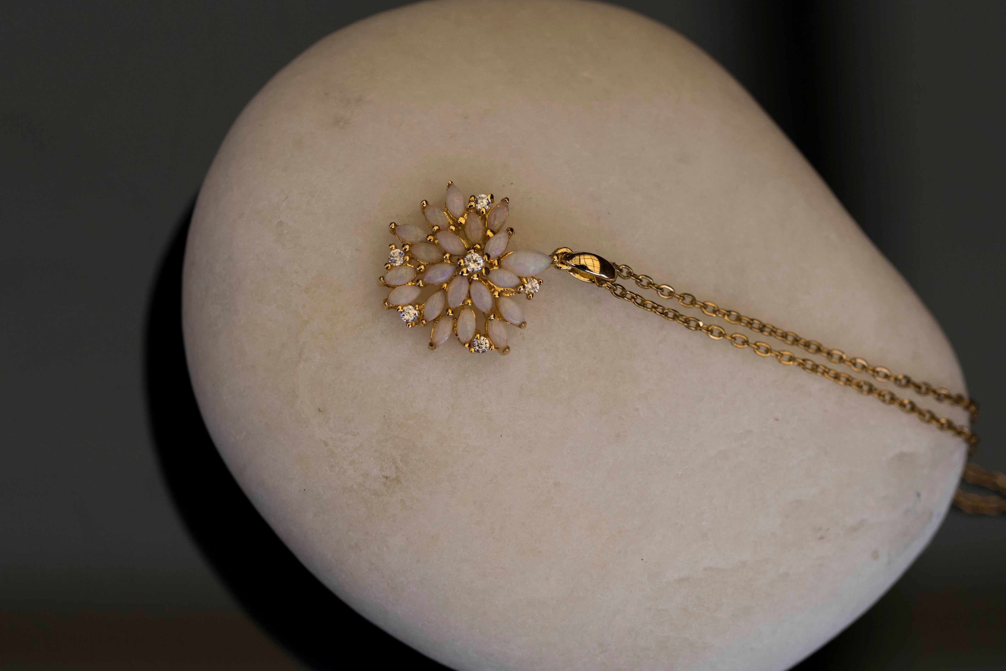 Australian Natural Opal Flower Necklace: Sterling Silver Yellow Gold Plated Pendant