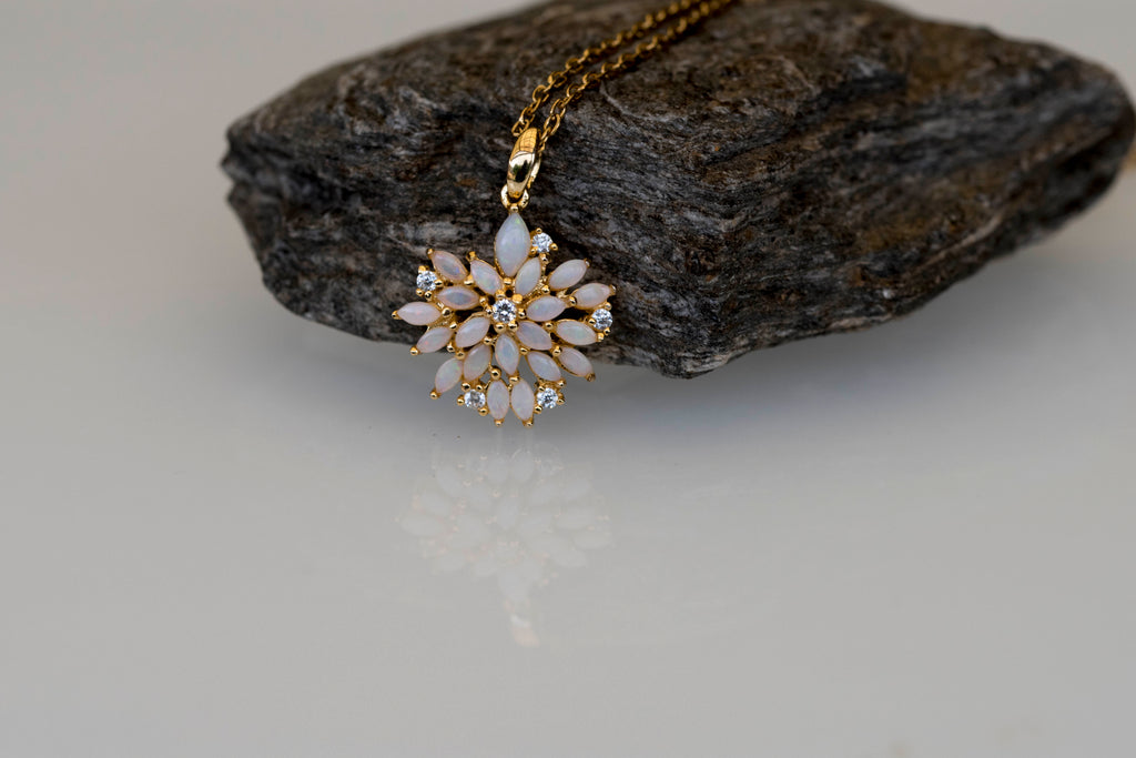 Australian Natural Opal Flower Necklace: Sterling Silver Yellow Gold Plated Pendant